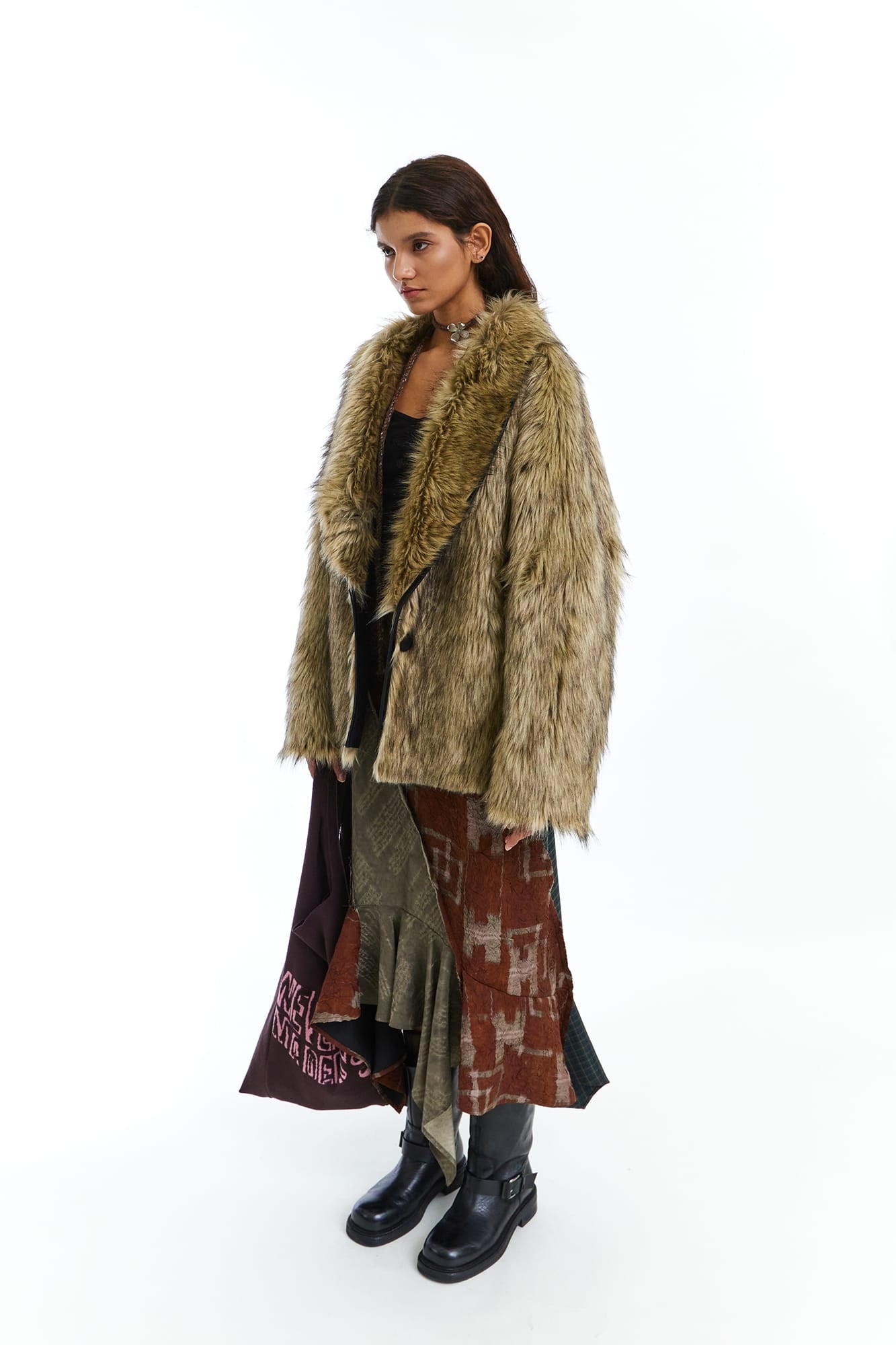 NEVERSEEZ Retro Spliced Print Flounce Midi Skirt