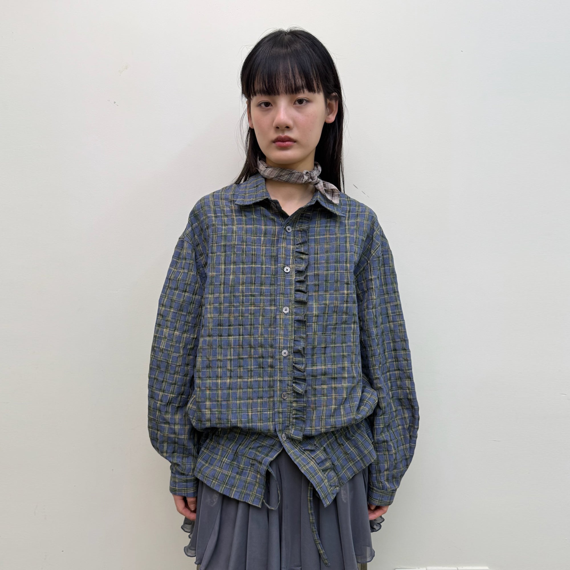 NEVERSEEZ Ruffle-Placket Seersucker Plaid Drawstring Shirt