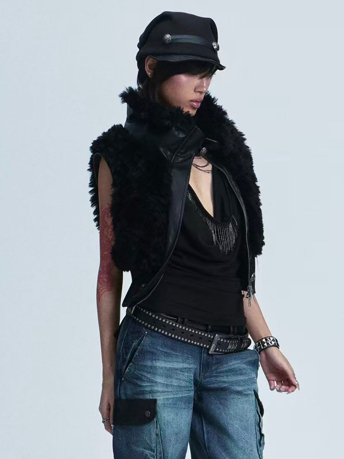 NONAME SPACE PU Panel Ribbed Slouch Cap