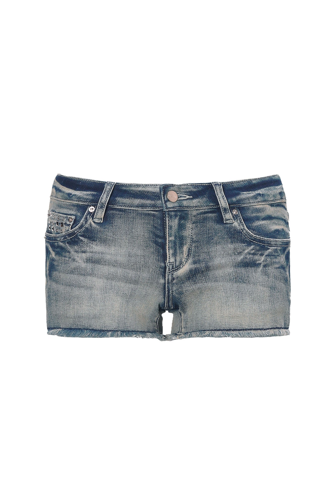 JYOSEI Washed Frayed Rivet Embroidered Denim Shorts