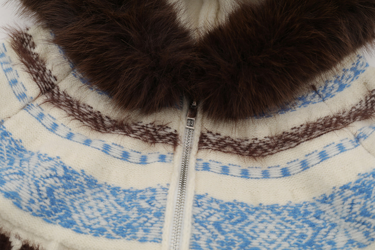 FREE CENTER Retro Fair Isle Detachable Collar Hooded Cardigan