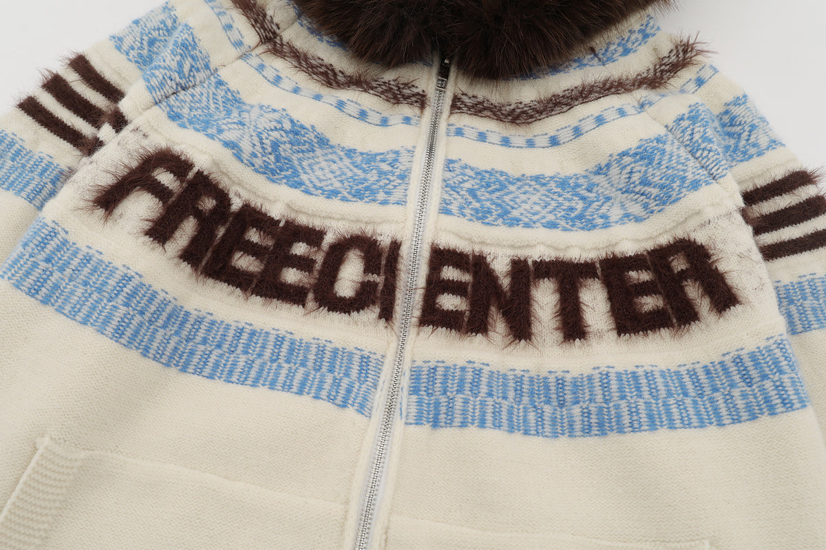 FREE CENTER Retro Fair Isle Detachable Collar Hooded Cardigan