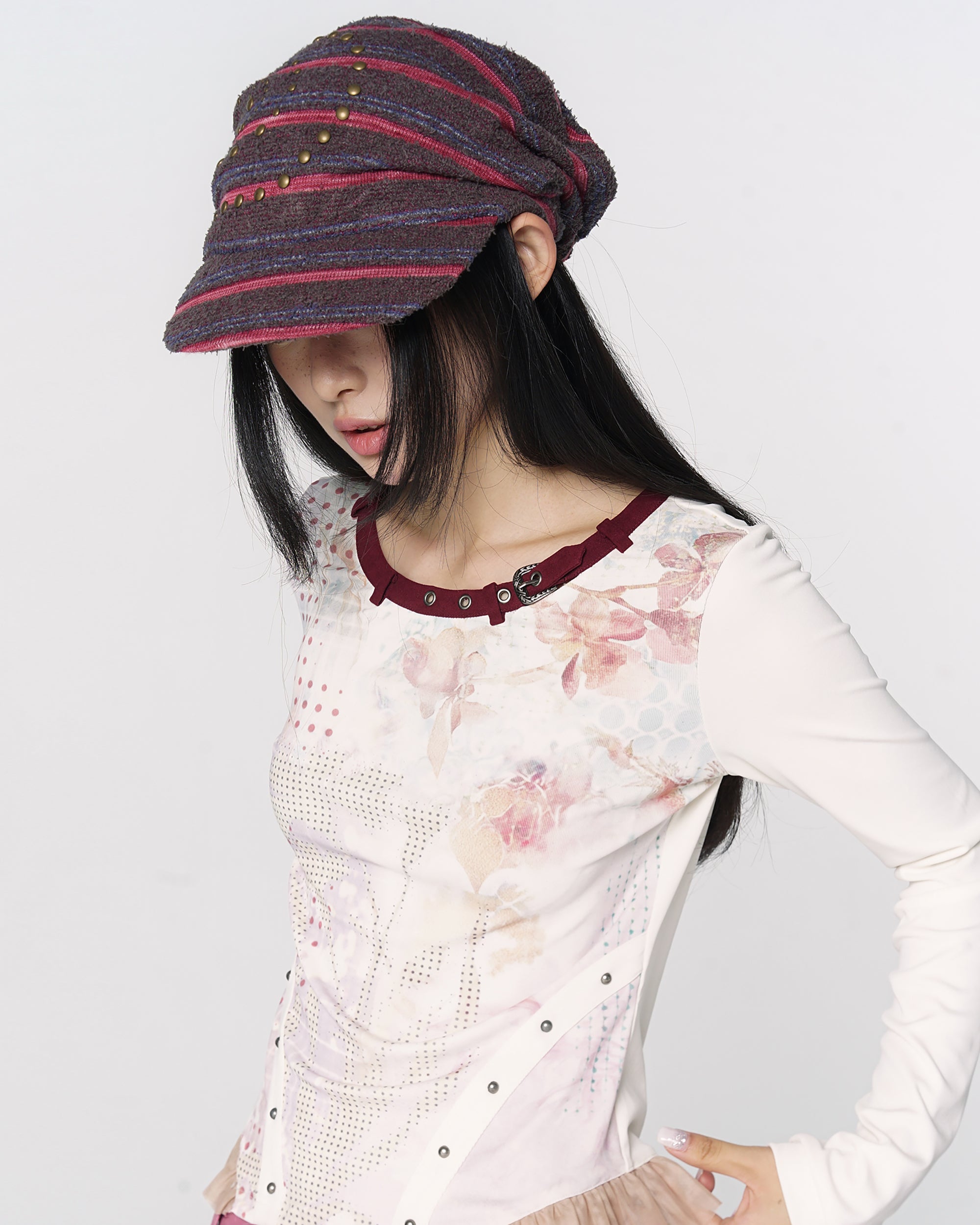 CONFUN Retro Studded Striped Slouchy Cap