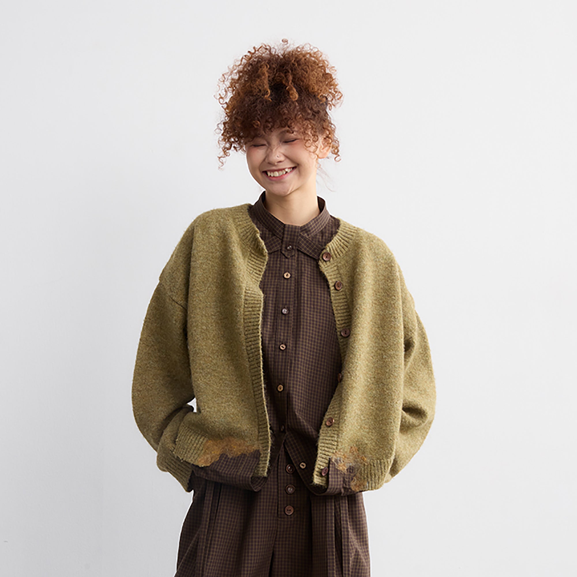 NOESE Faux Layer Checked Felt Patchwork Cardigan