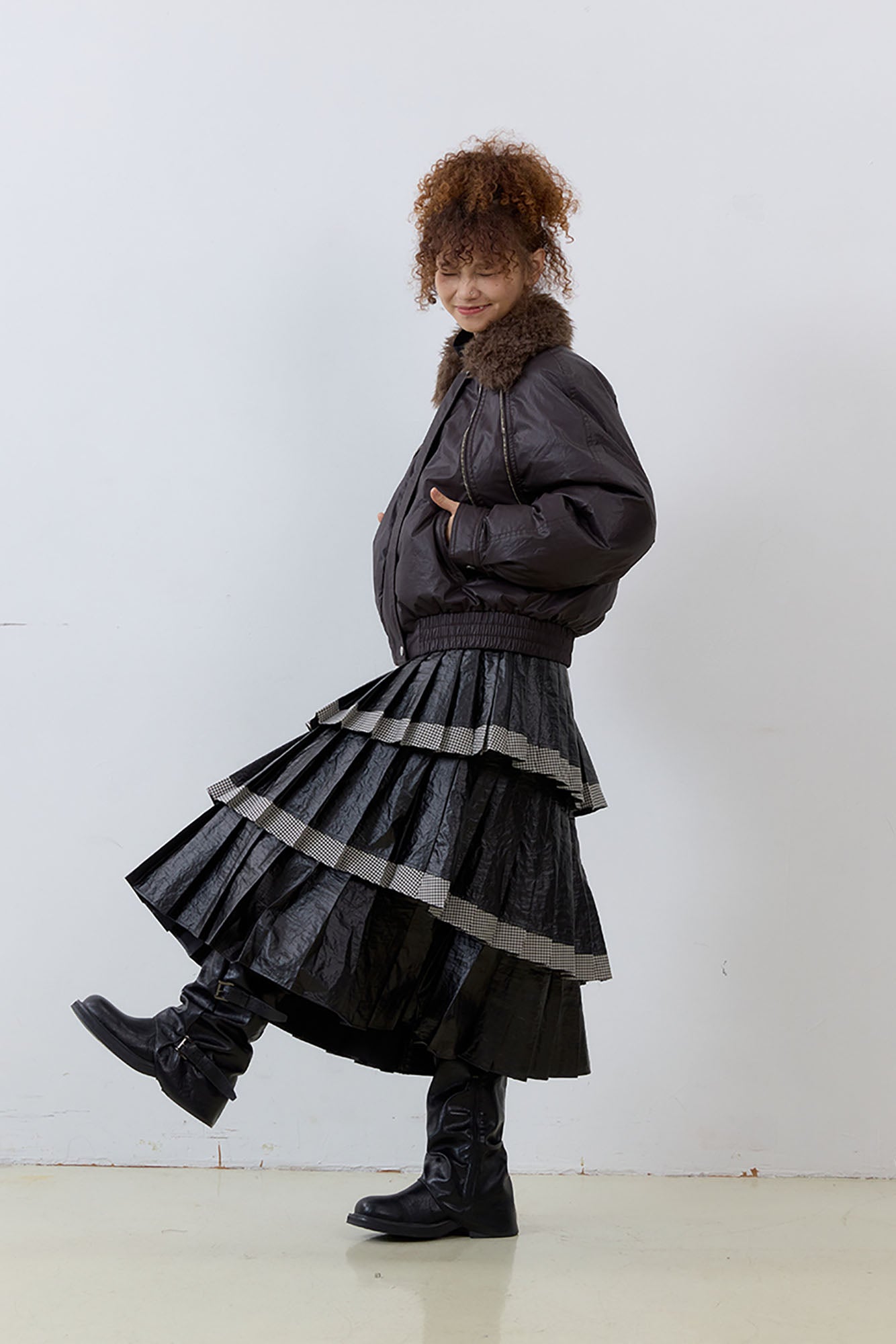 NOESE Faux Leather Pleated Layered Cake Skirt