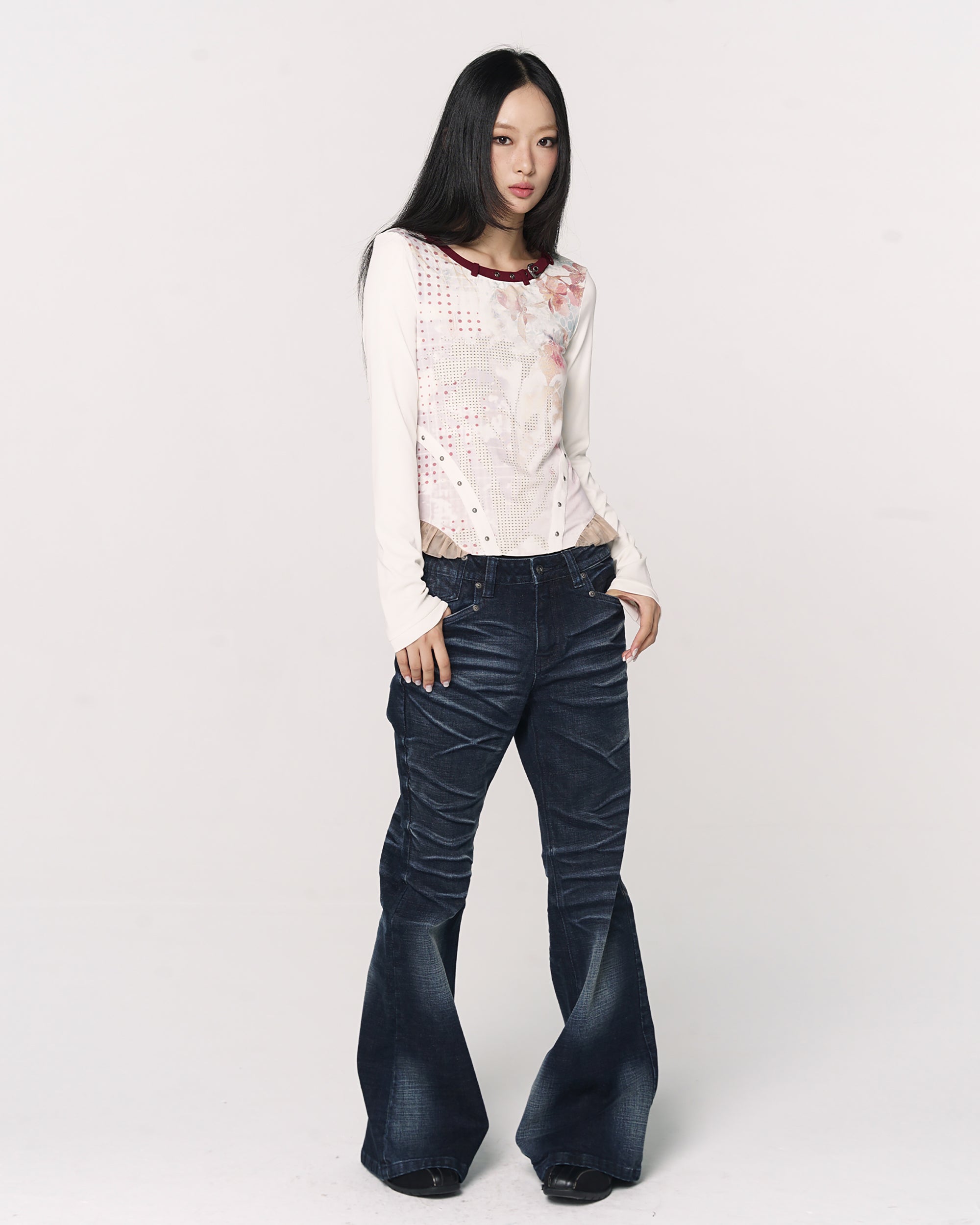 CONFUN Floral Full-Print Rivet Long-Sleeve Tee