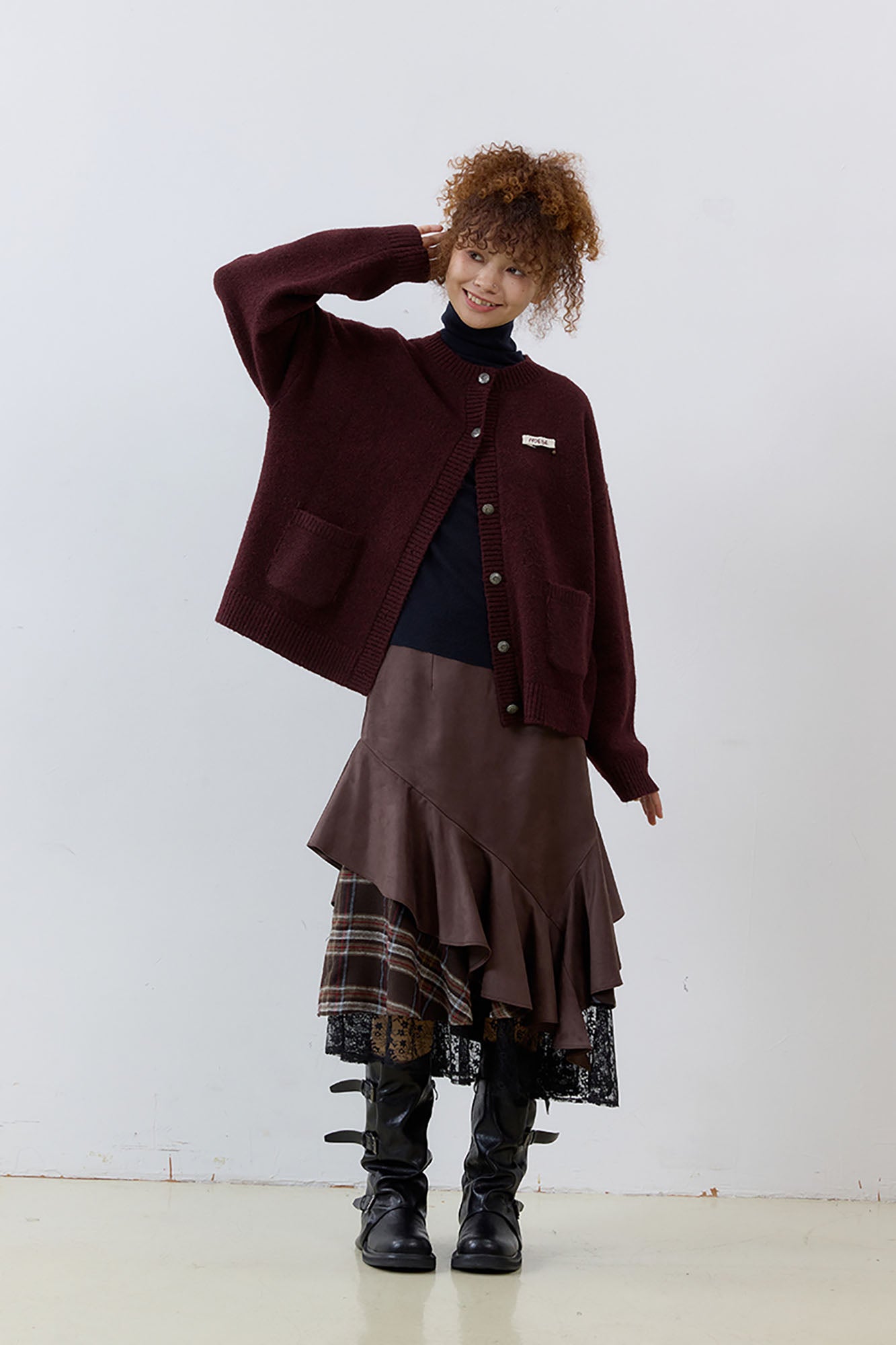 NOESE Asymmetrical Spliced Plaid-Lace Layered Ruffle Skirt