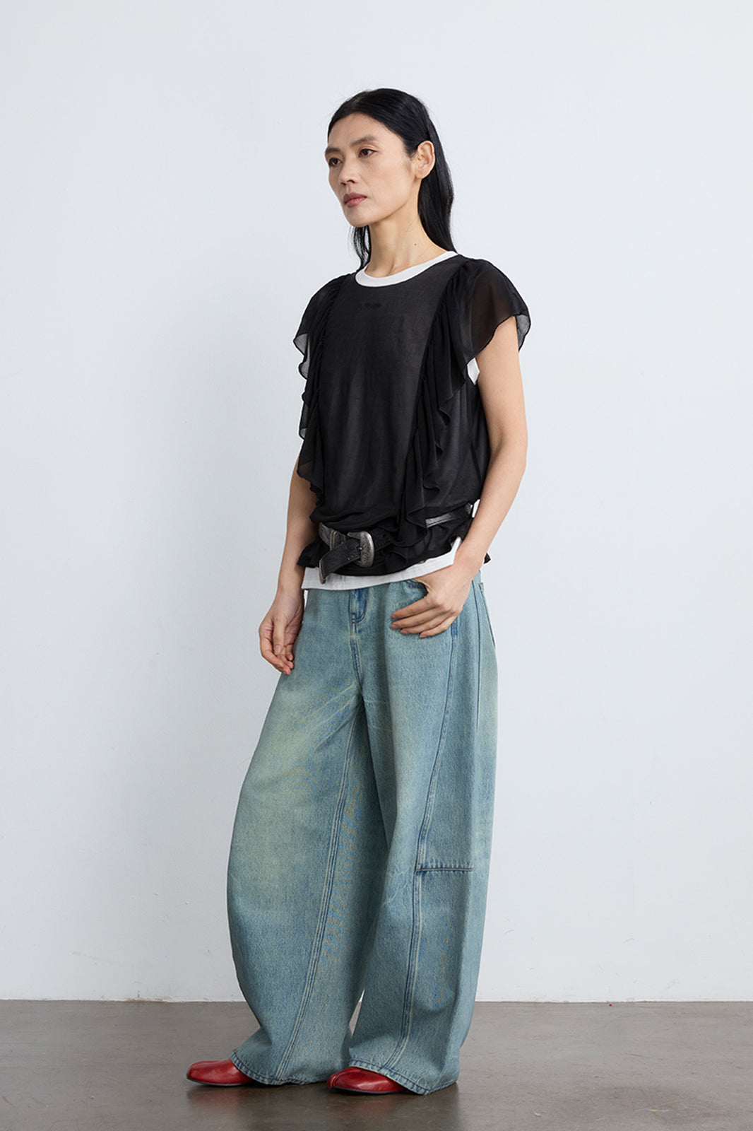NOESE Sheer Ruffle Layered T-Shirt