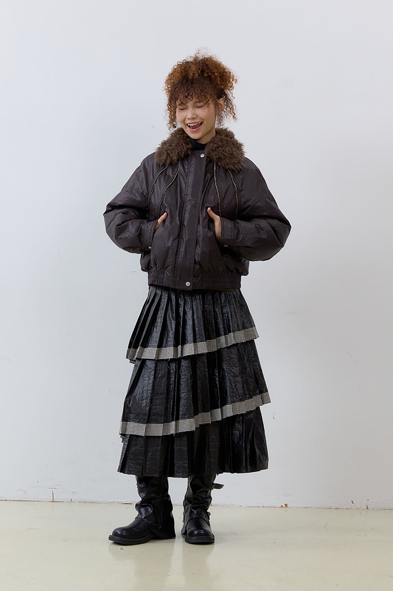 NOESE Faux Leather Pleated Layered Cake Skirt