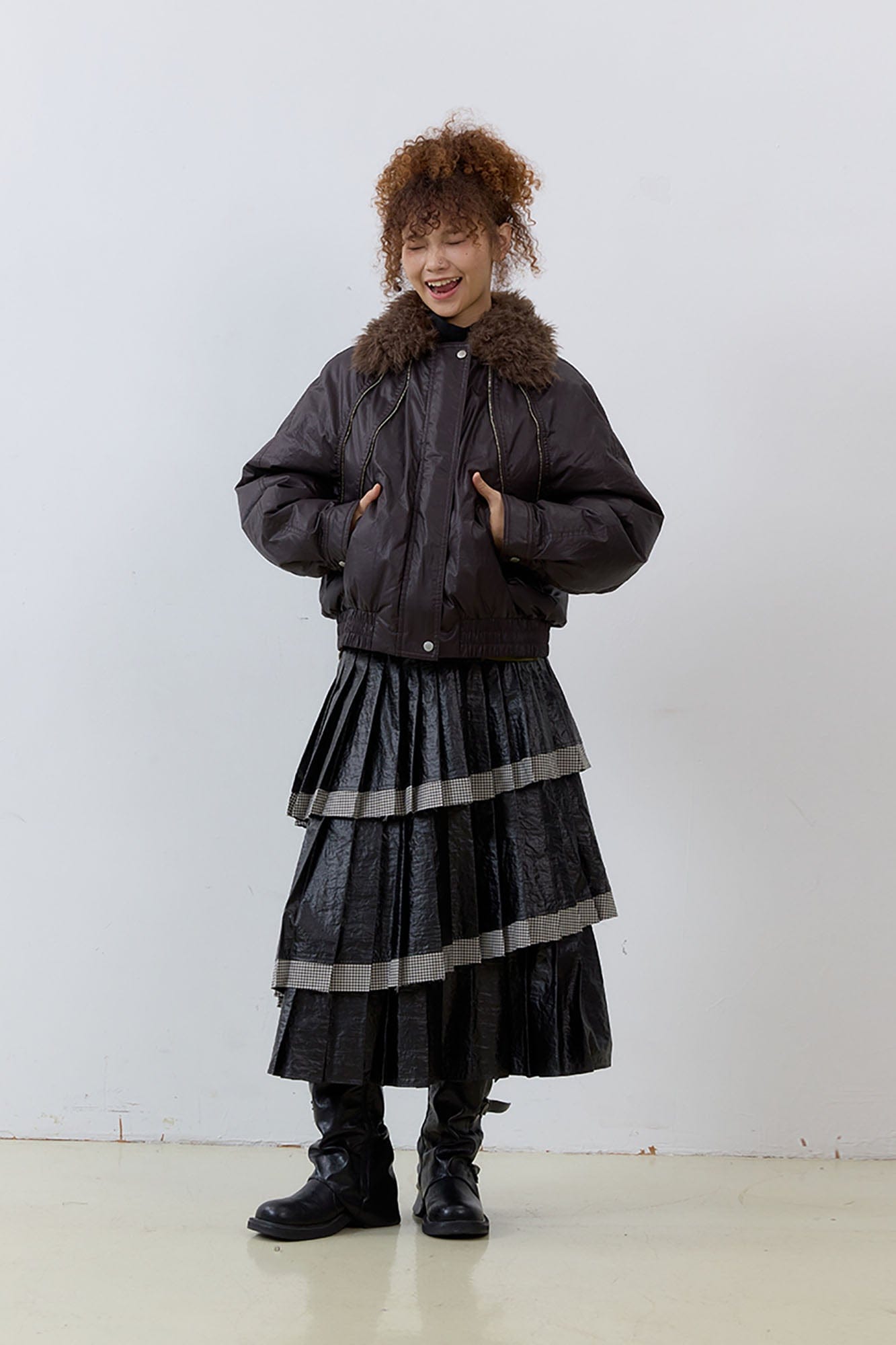 NOESE Faux Leather Pleated Layered Cake Skirt
