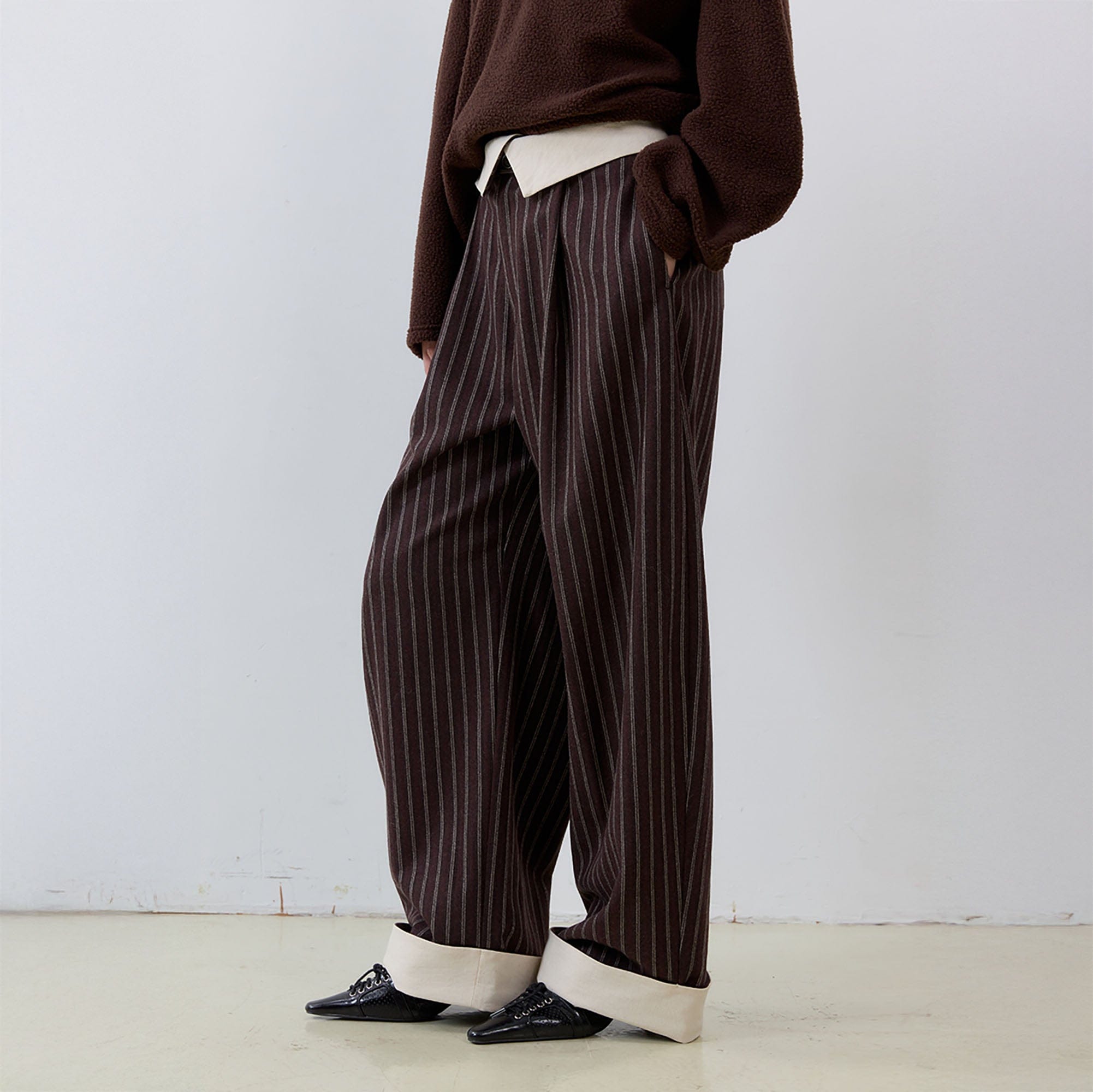 NOESE Foldover Waist Pinstripe Wool-Blend Wide-Leg Trousers