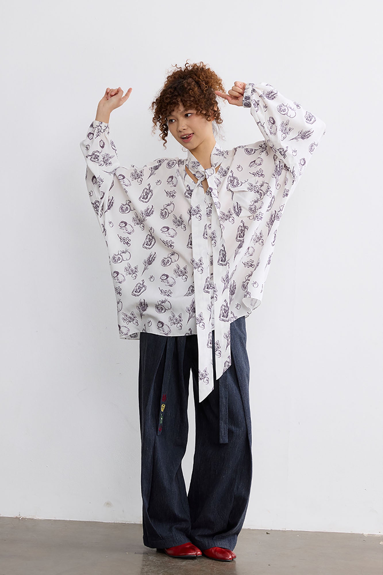 NOESE Botanical Full-Print Tie-Neck Blouse