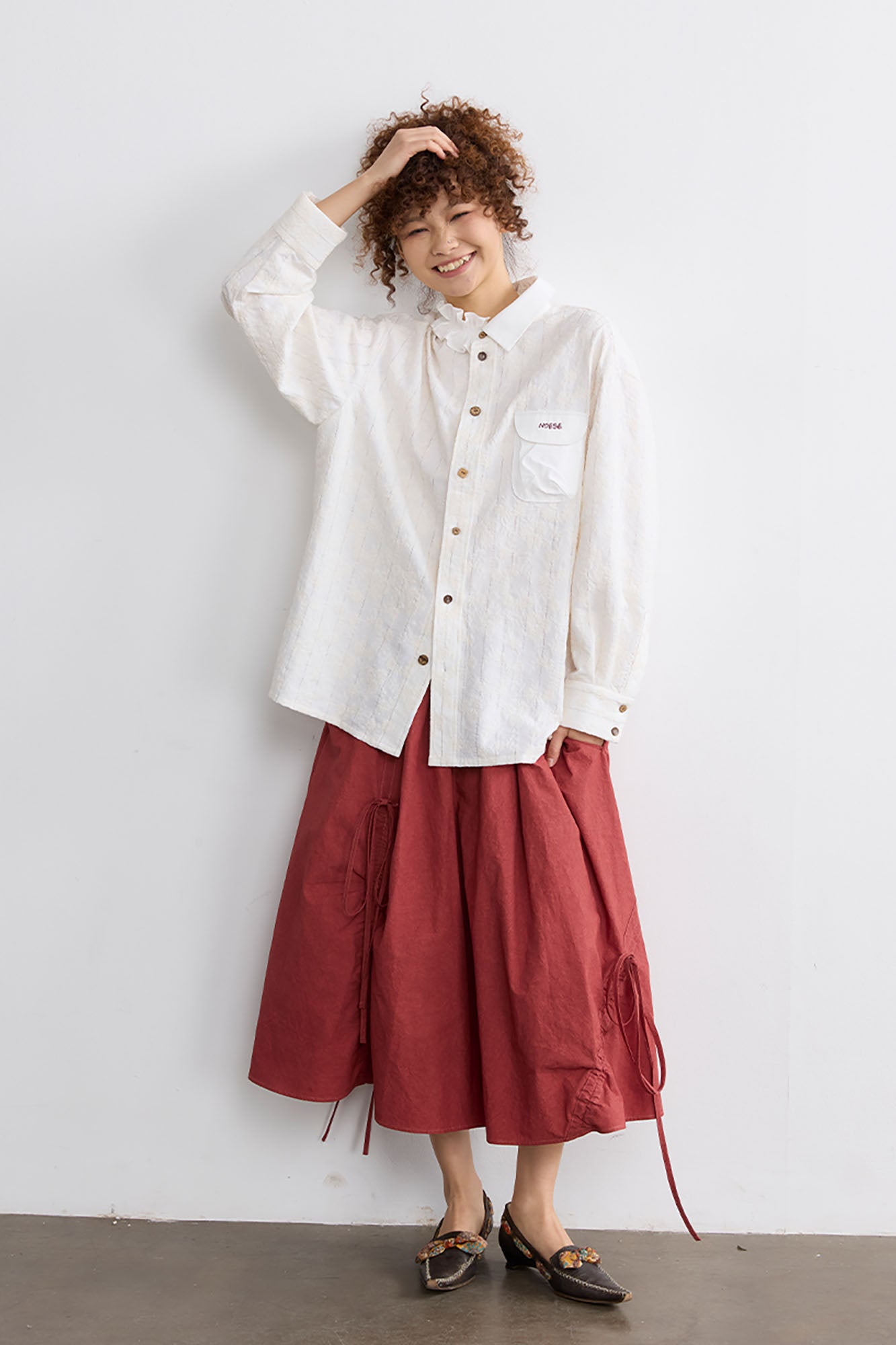 NOESE Asymmetrical Ruffle Collar Embroidered Shirt