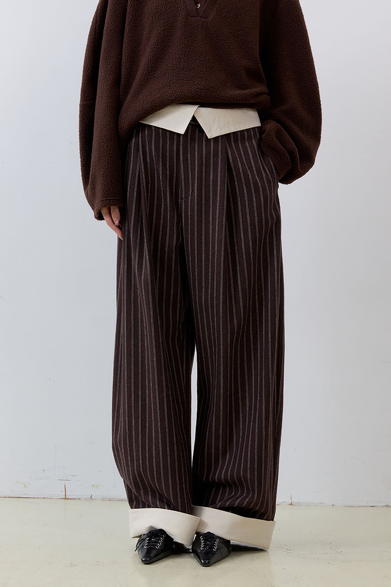 NOESE Foldover Waist Pinstripe Wool-Blend Wide-Leg Trousers