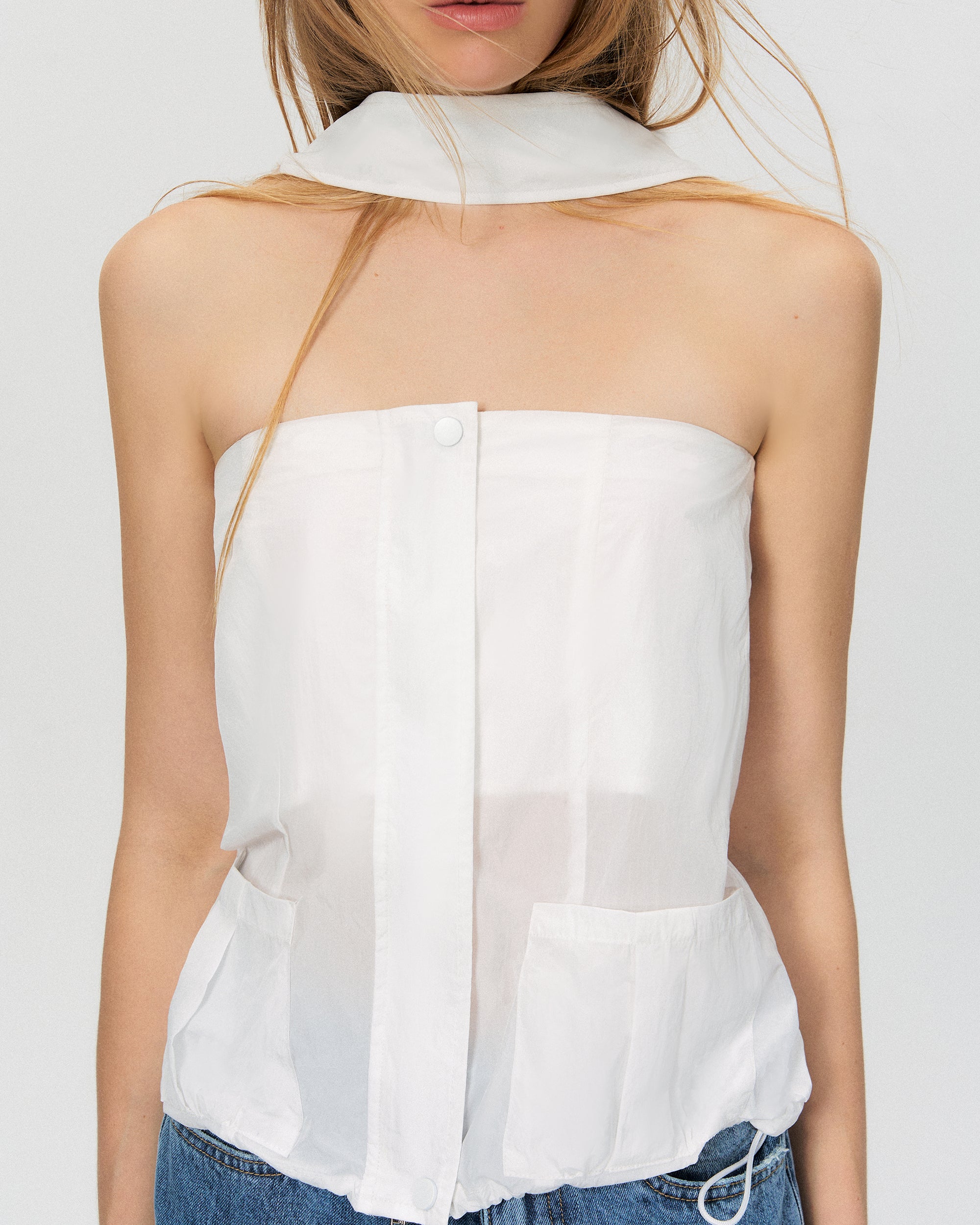 THE NEVERMORE Sheer Strapless Drawstring-Hem Pocket Top