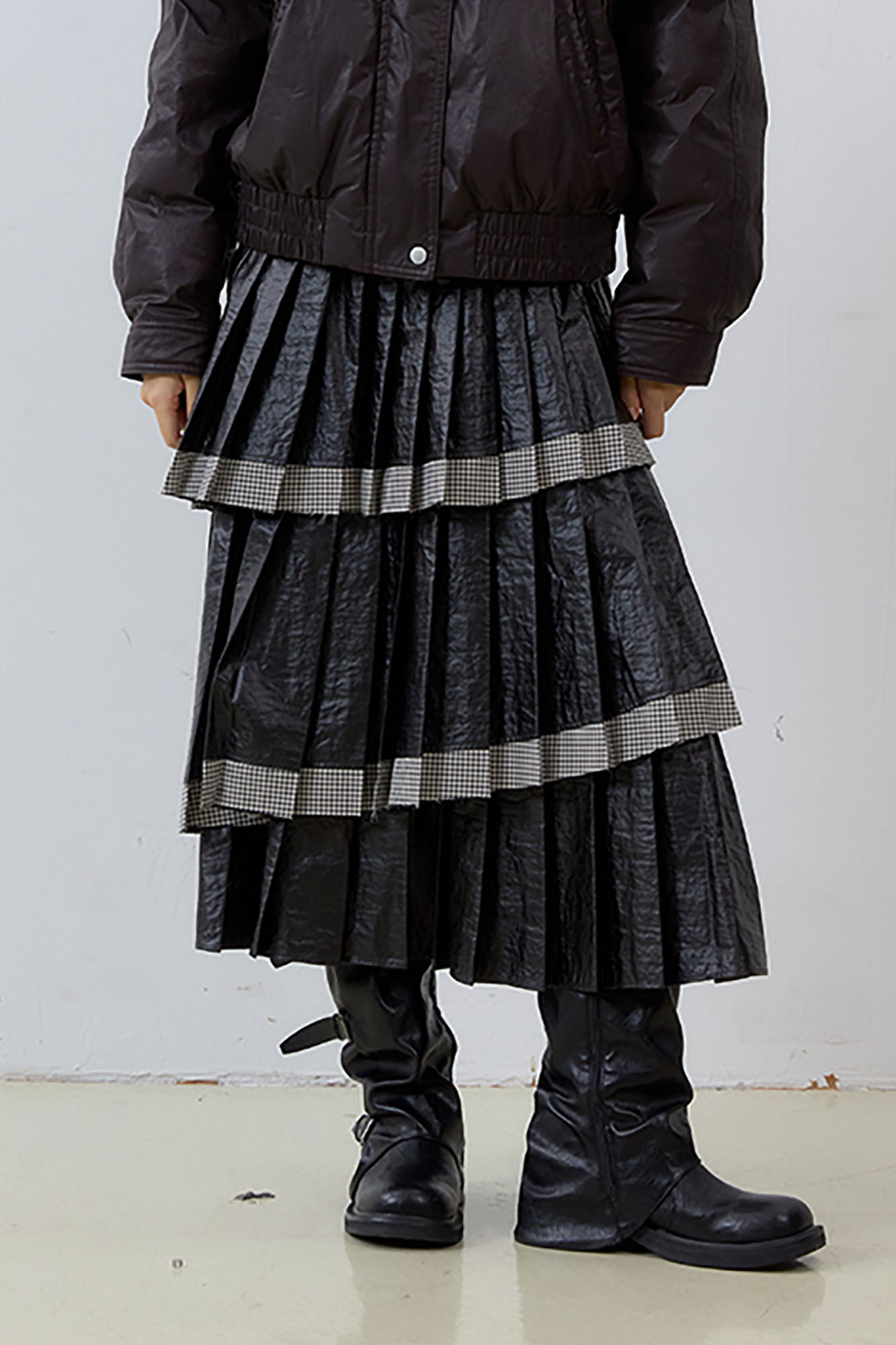 NOESE Faux Leather Pleated Layered Cake Skirt