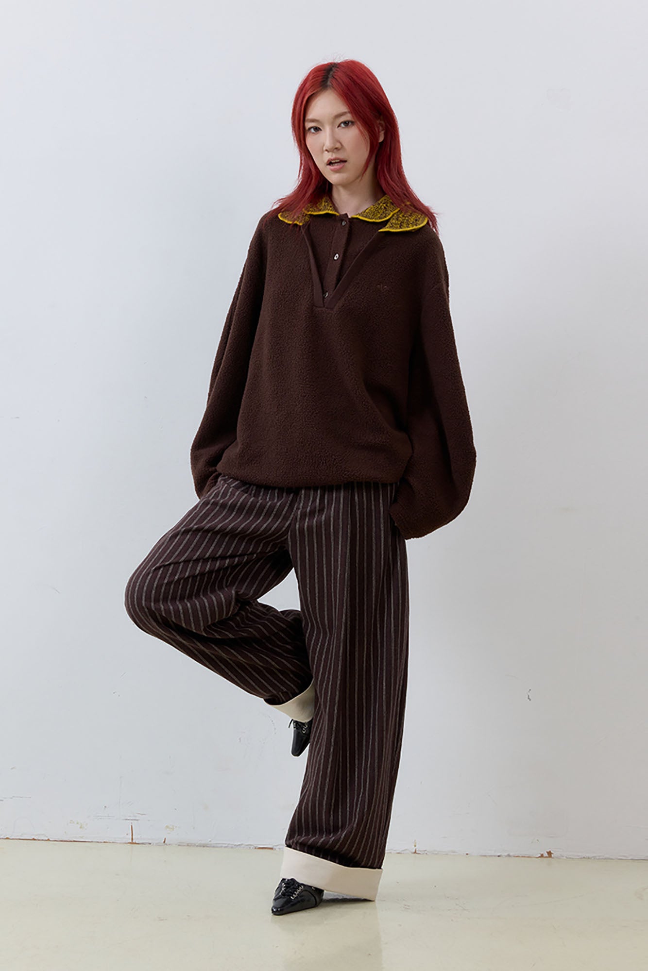 NOESE Foldover Waist Pinstripe Wool-Blend Wide-Leg Trousers