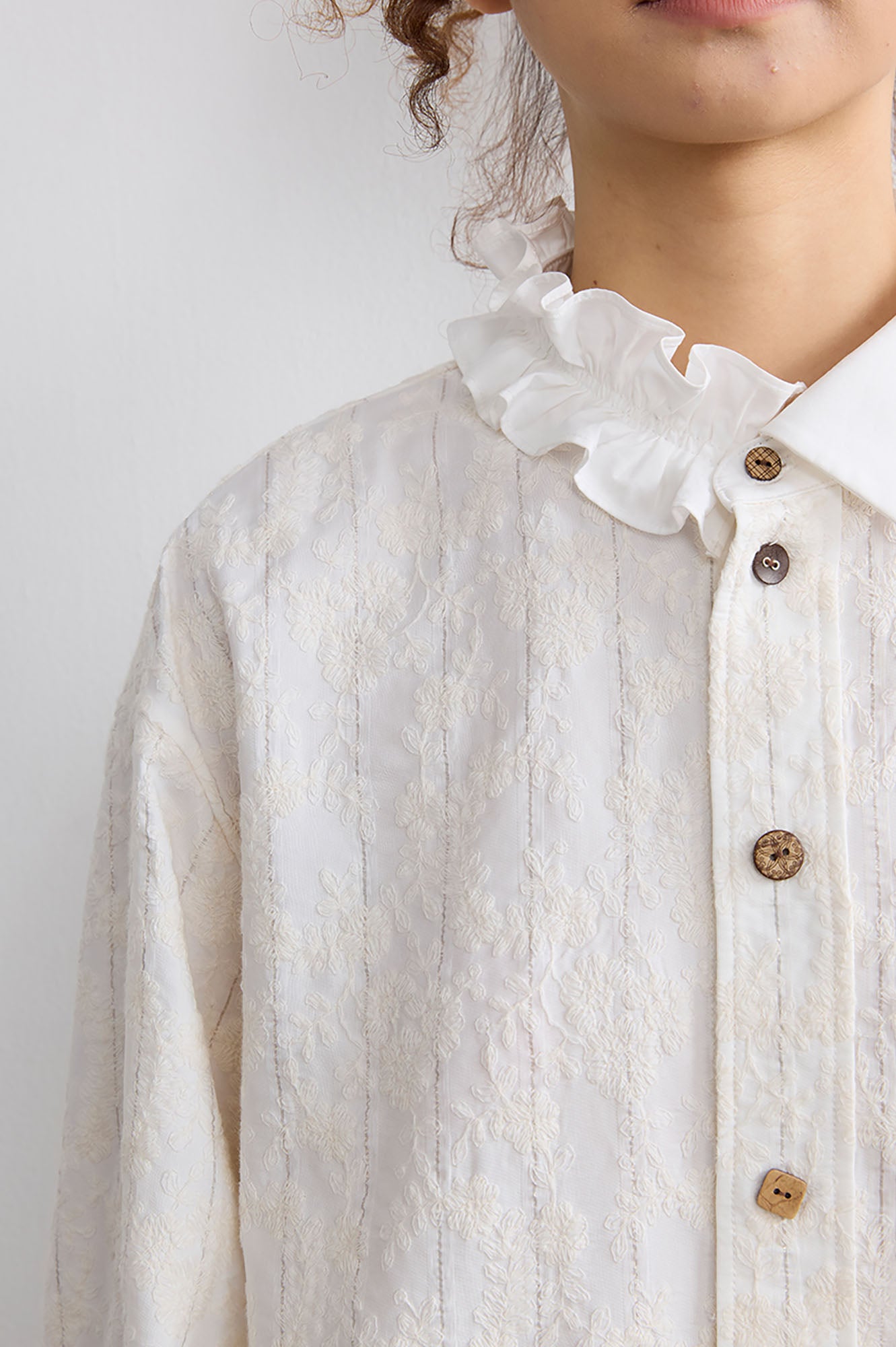 NOESE Asymmetrical Ruffle Collar Embroidered Shirt