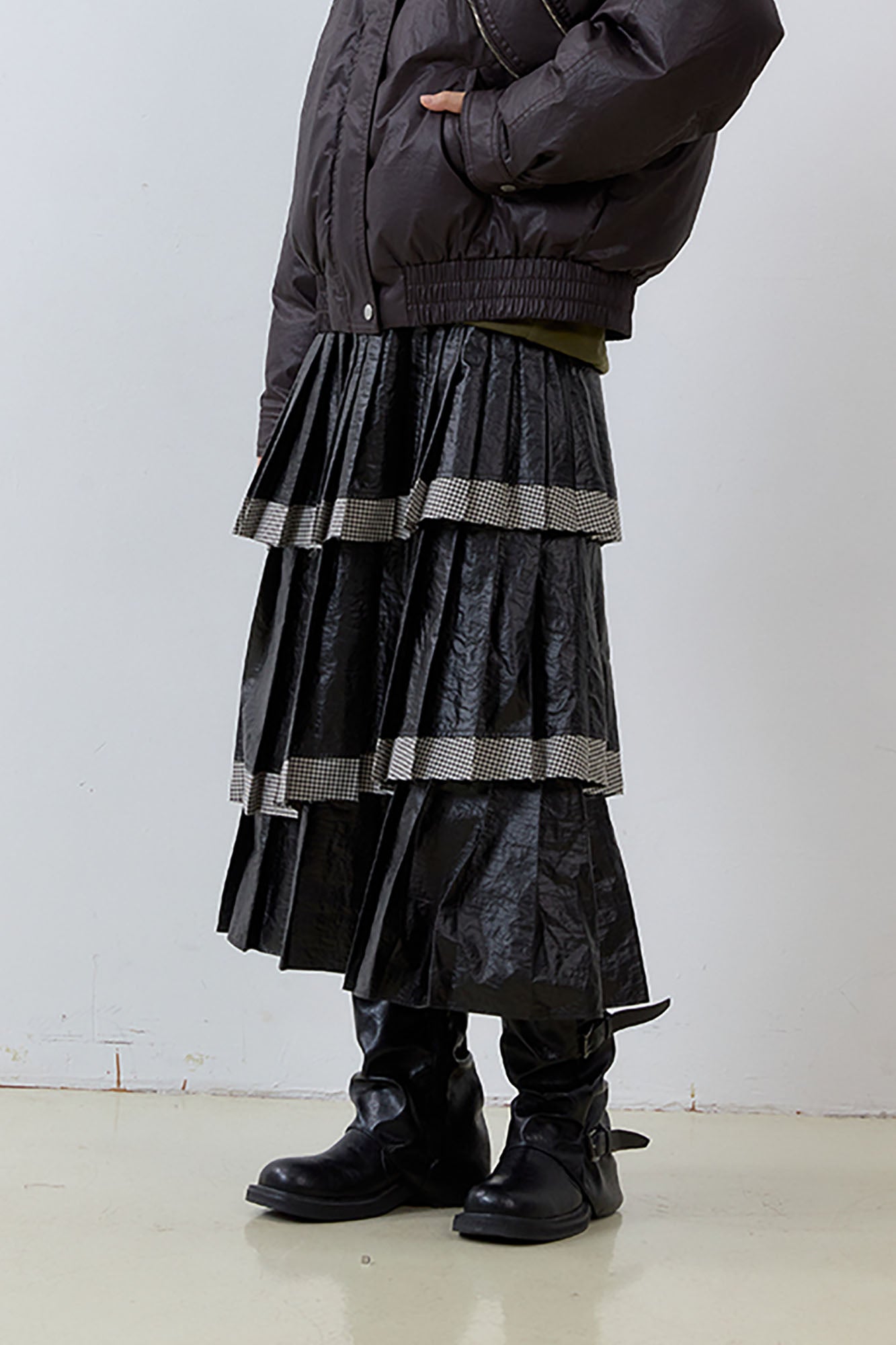 NOESE Faux Leather Pleated Layered Cake Skirt