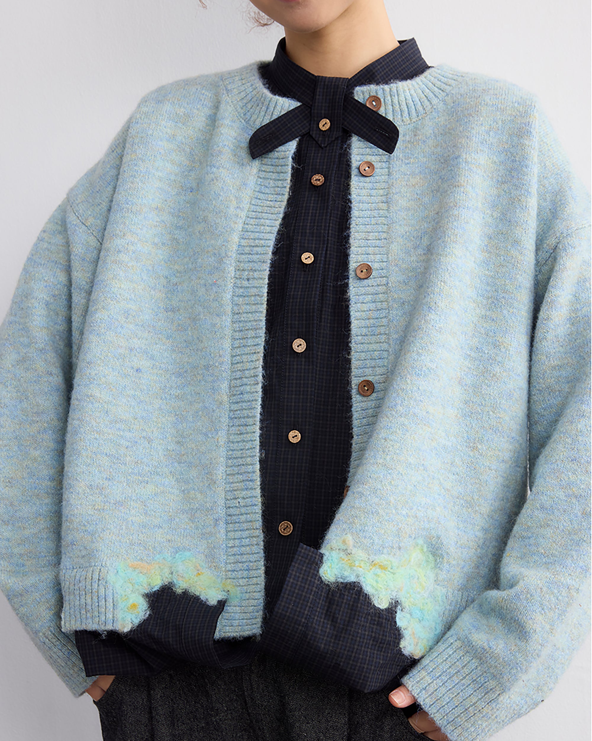 NOESE Faux Layer Checked Felt Patchwork Cardigan