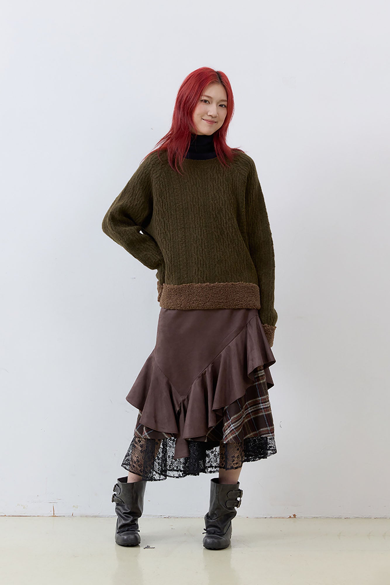 NOESE Asymmetrical Spliced Plaid-Lace Layered Ruffle Skirt
