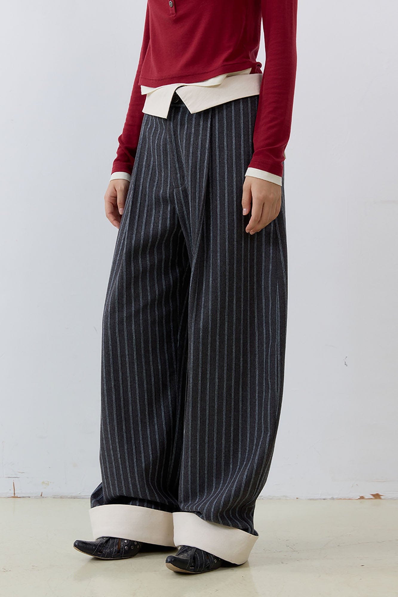 NOESE Foldover Waist Pinstripe Wool-Blend Wide-Leg Trousers