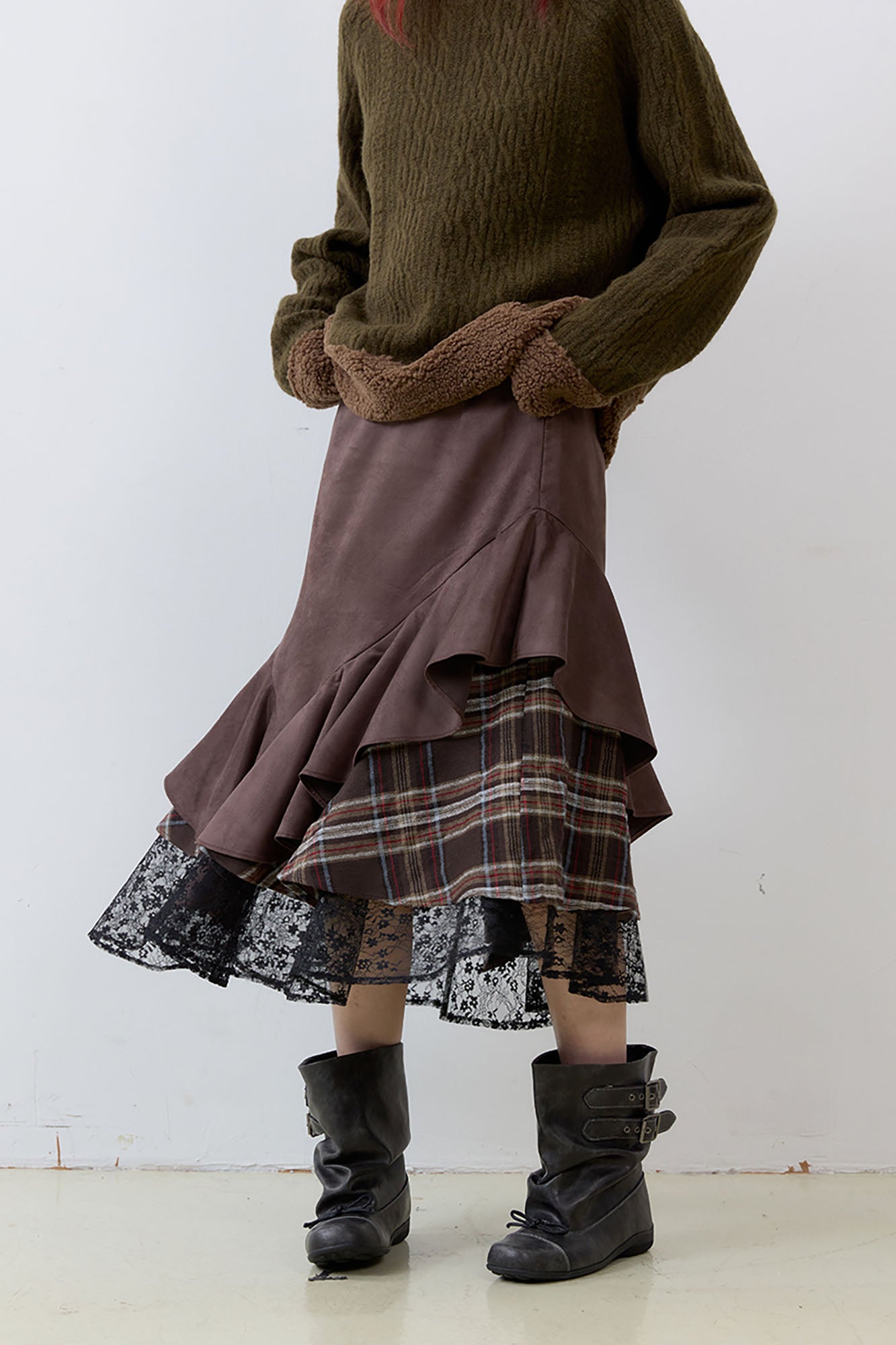 NOESE Asymmetrical Spliced Plaid-Lace Layered Ruffle Skirt