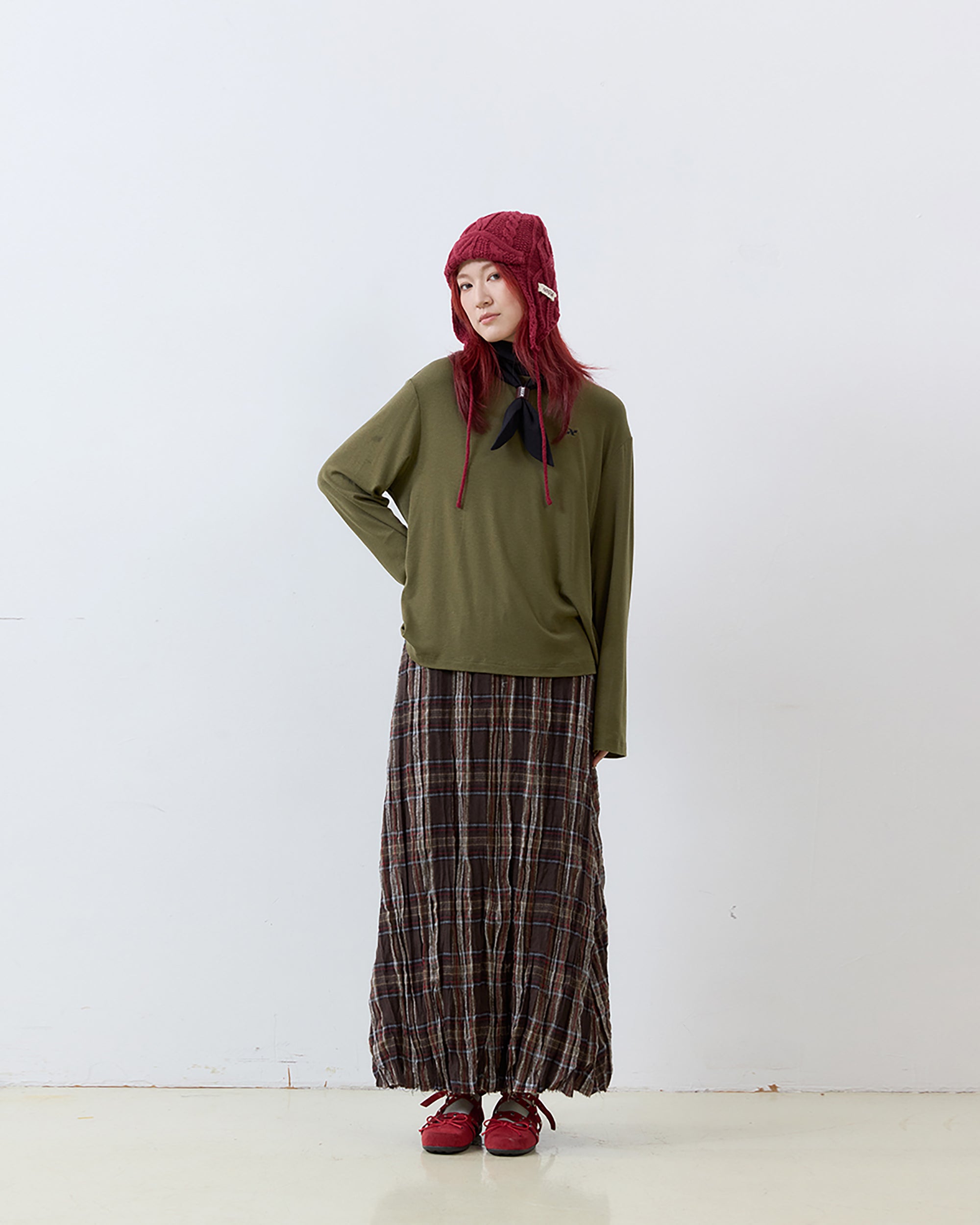 NOESE Crinkled Plaid Woo-Blend Maxi Skirt