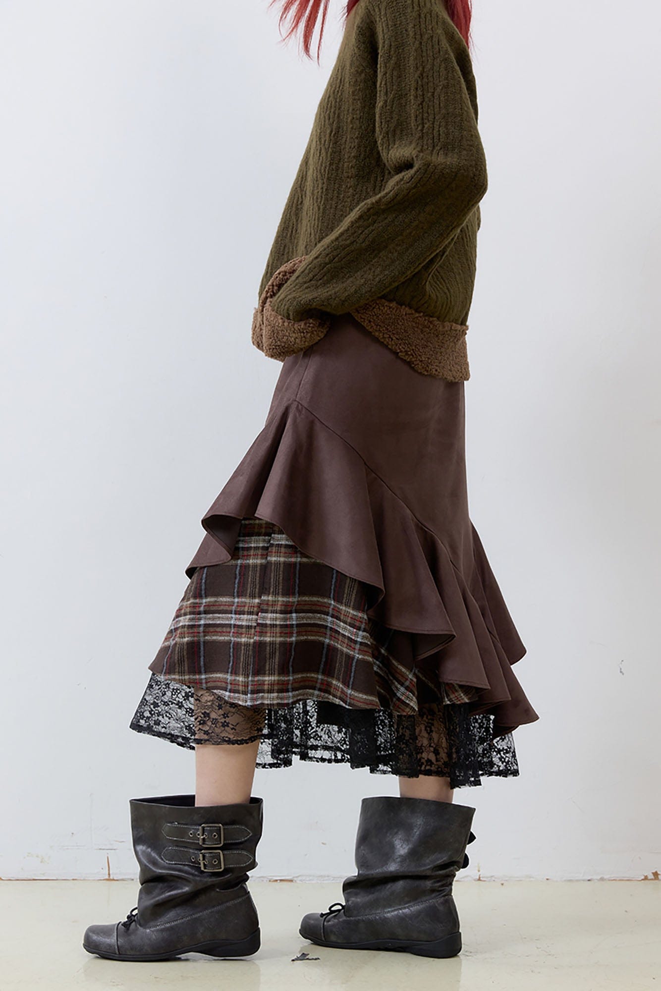 NOESE Asymmetrical Spliced Plaid-Lace Layered Ruffle Skirt