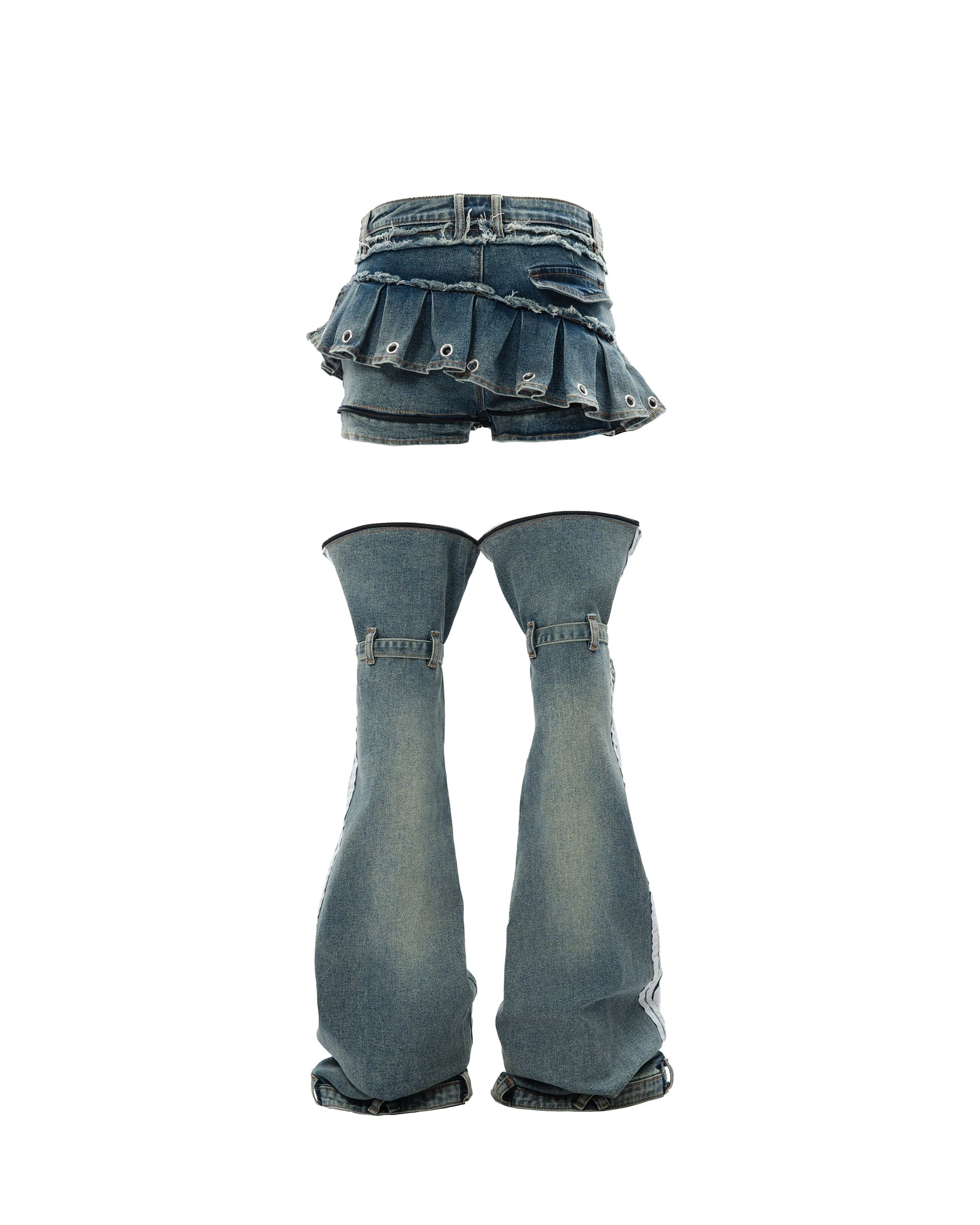 MOGONGSHE Washed Skirt-Layer Detachable Flared Jeans