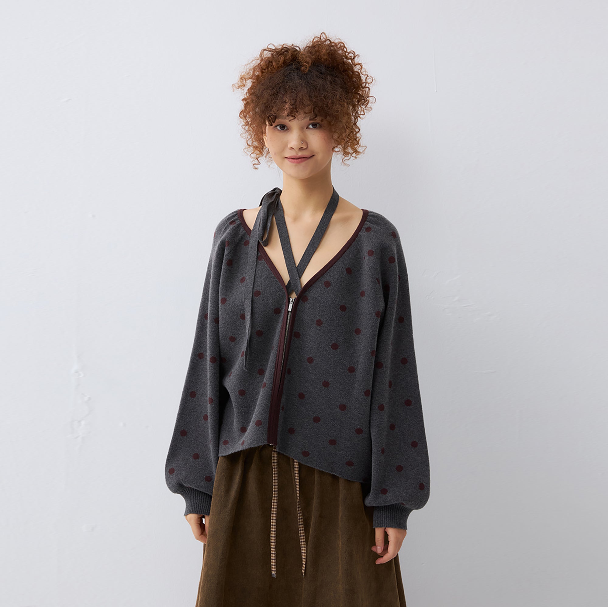 NOESE Contrast Dot Tie-Neck Zip-Up Cardigan