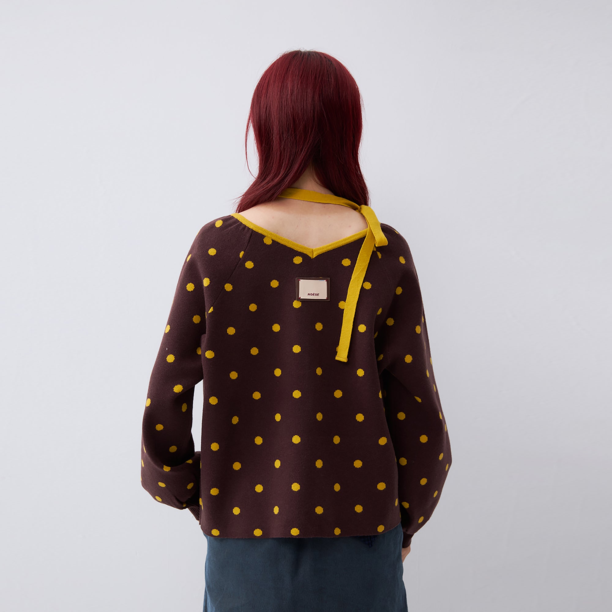 NOESE Contrast Dot Tie-Neck Zip-Up Cardigan