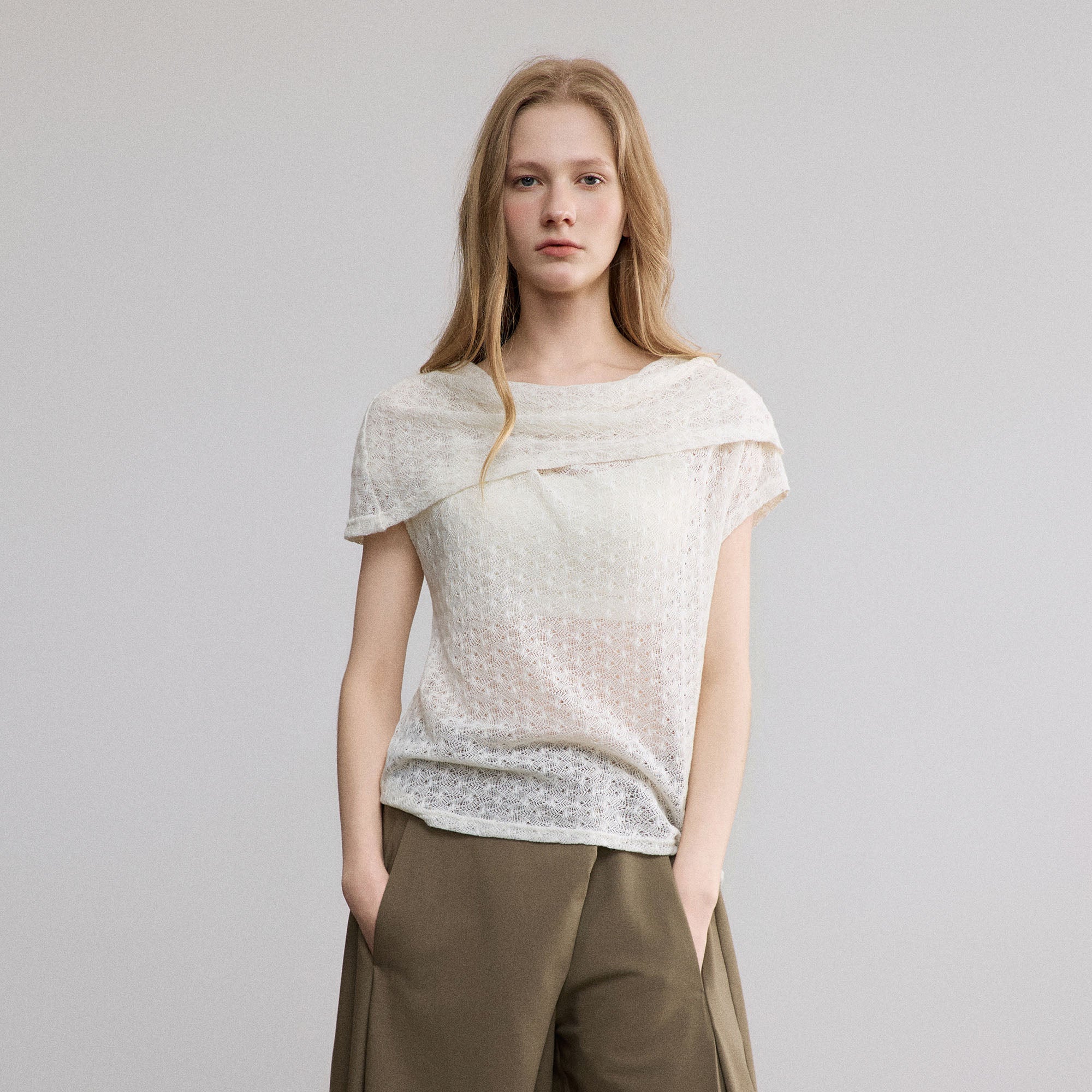 SAME FLOW Sheer Foldover Knit Top