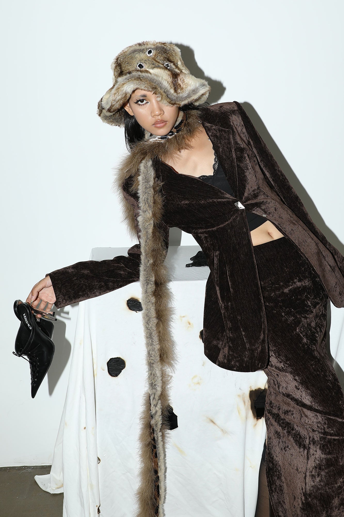 NEVER OFFEND L ANGEL Gem-Embellished Furry Bucket Hat