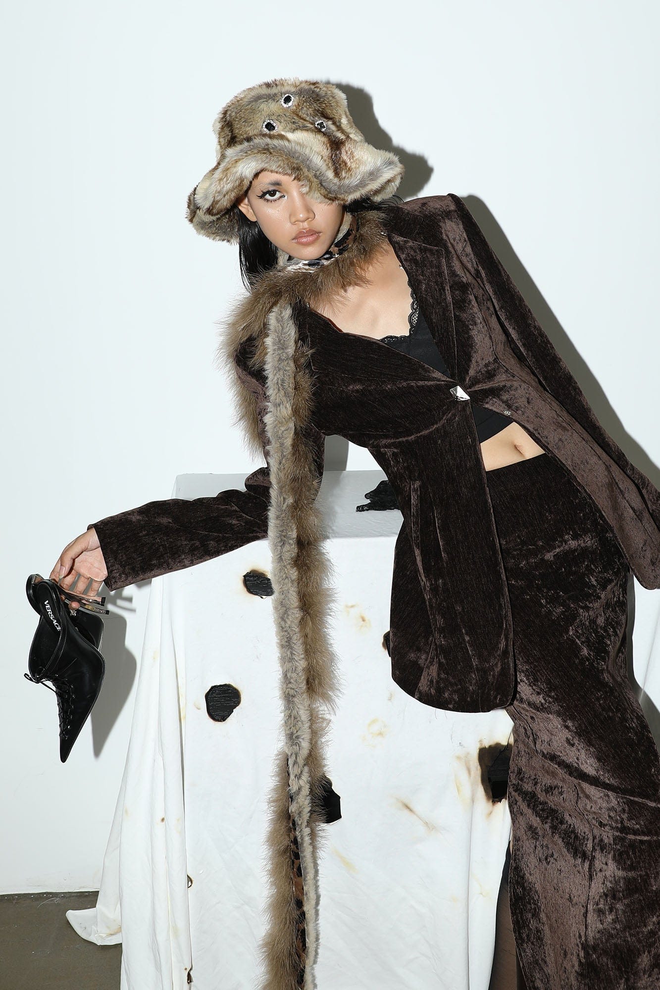 NEVER OFFEND L ANGEL Gem-Embellished Furry Bucket Hat