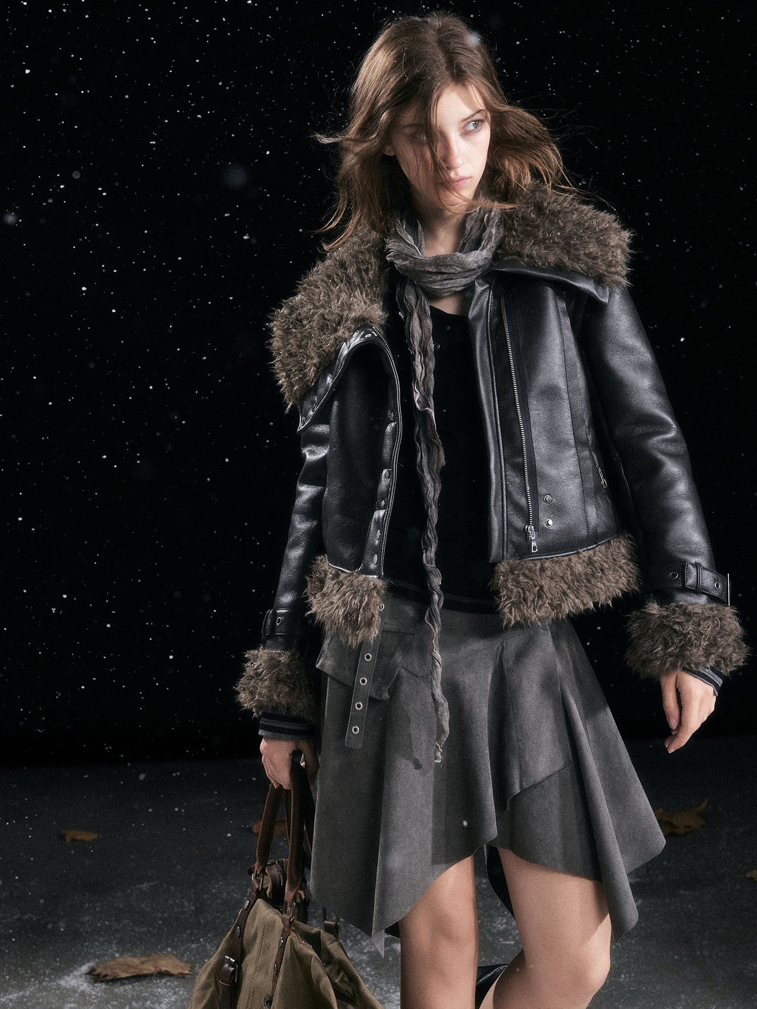 CESTNOUS Faux-Shearling Trim Faux Leather Jacket