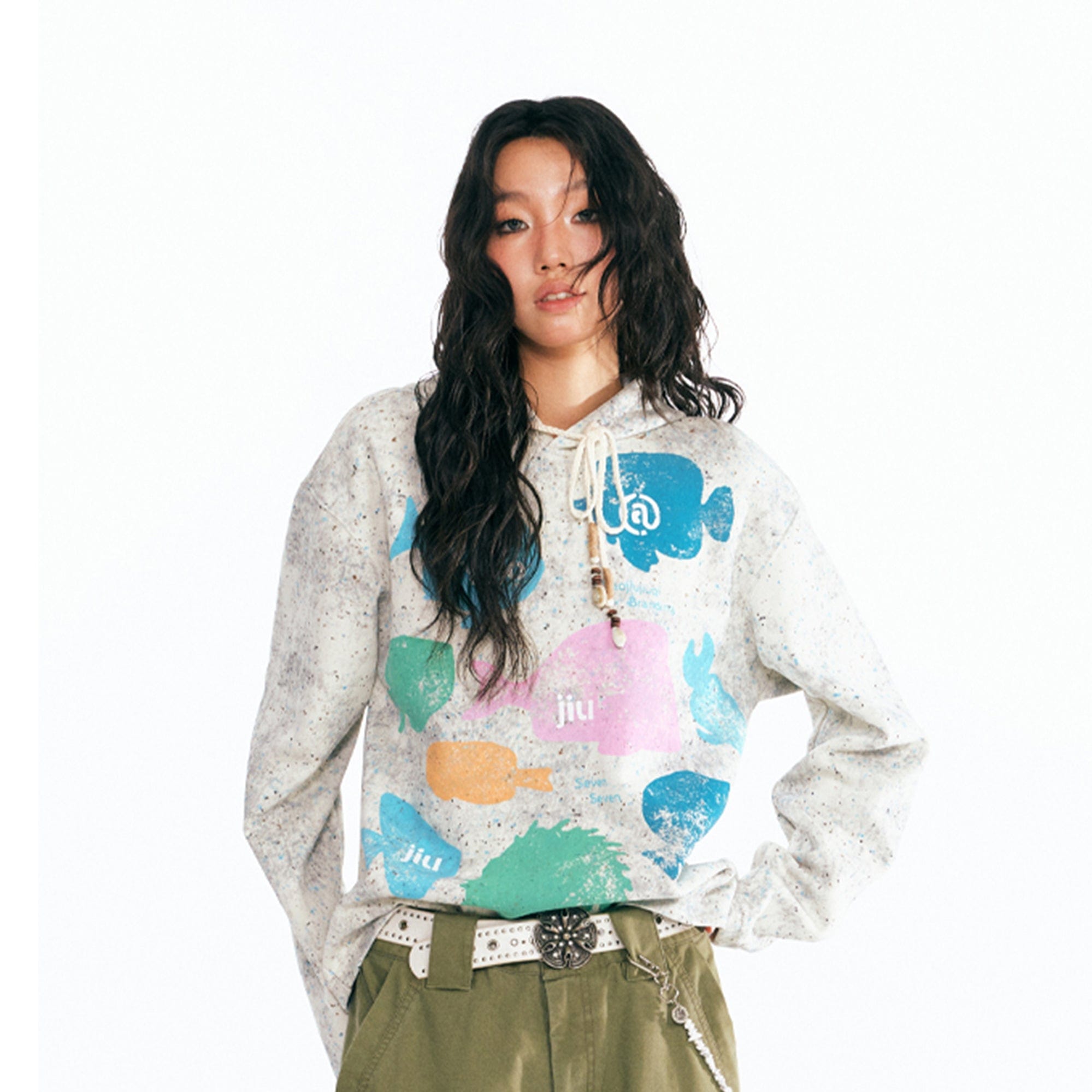 1997 POSTOFFICE Retro Fish Graphic Shell-Bead Hoodie