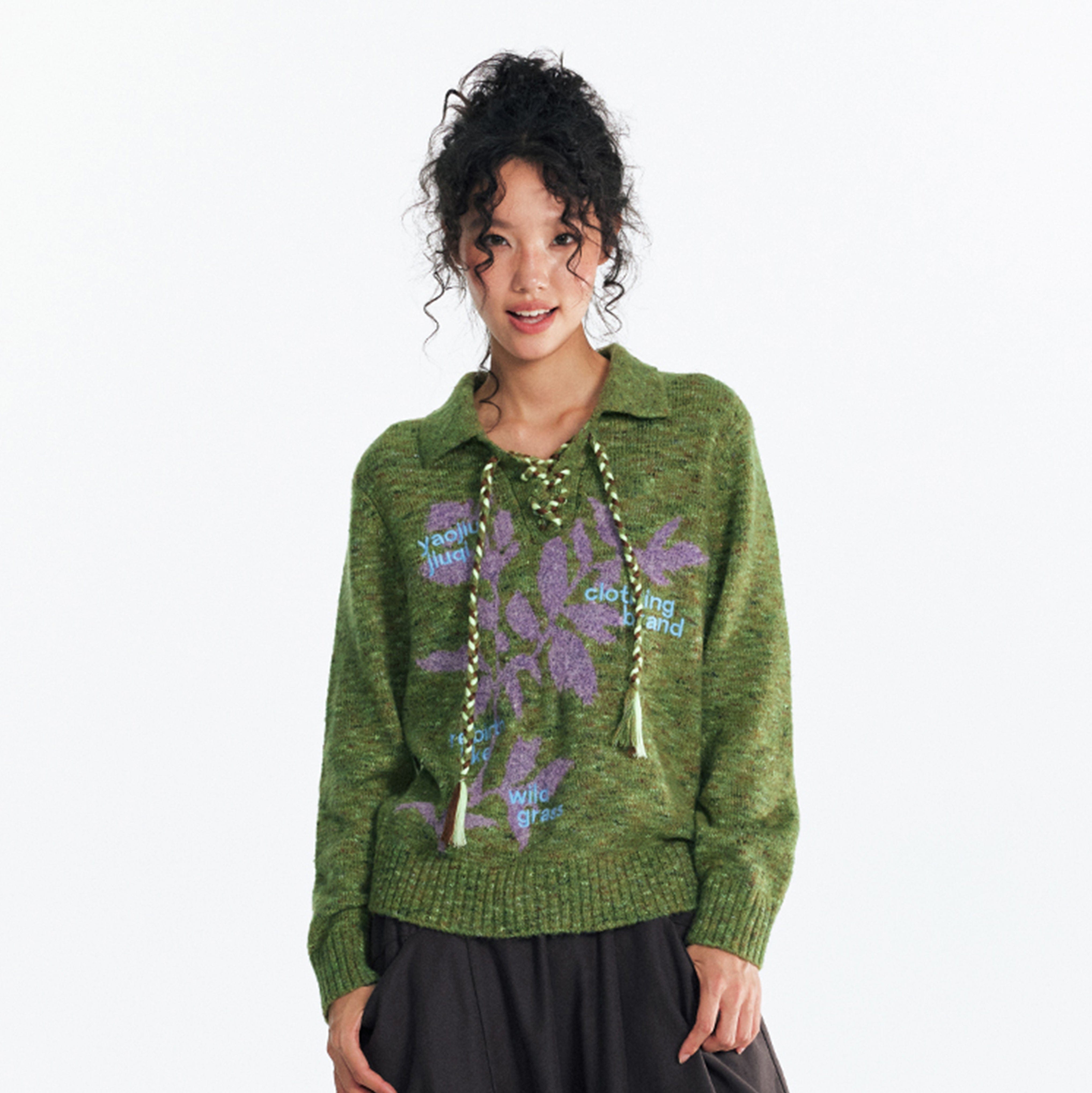 1997 POSTOFFICE Sesame Leaf Jacquard Lace-Up Sweater