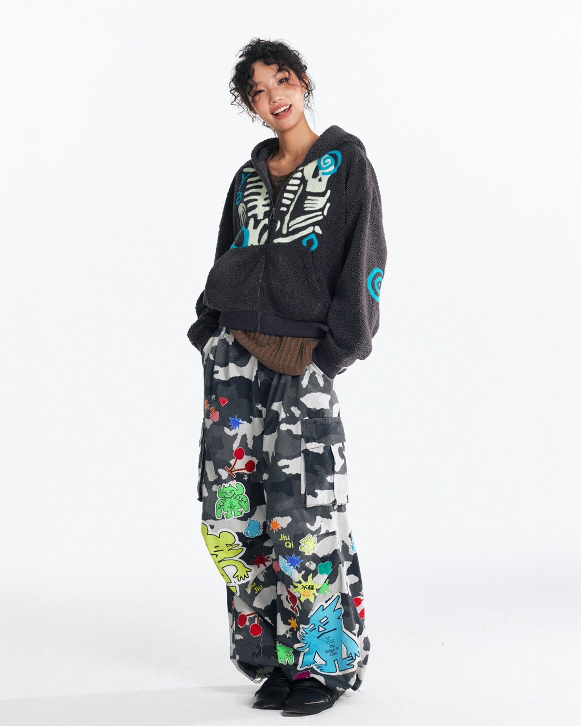 1997 POSTOFFICE Skeleton Graphic Zip-Up Fleece Hoodie