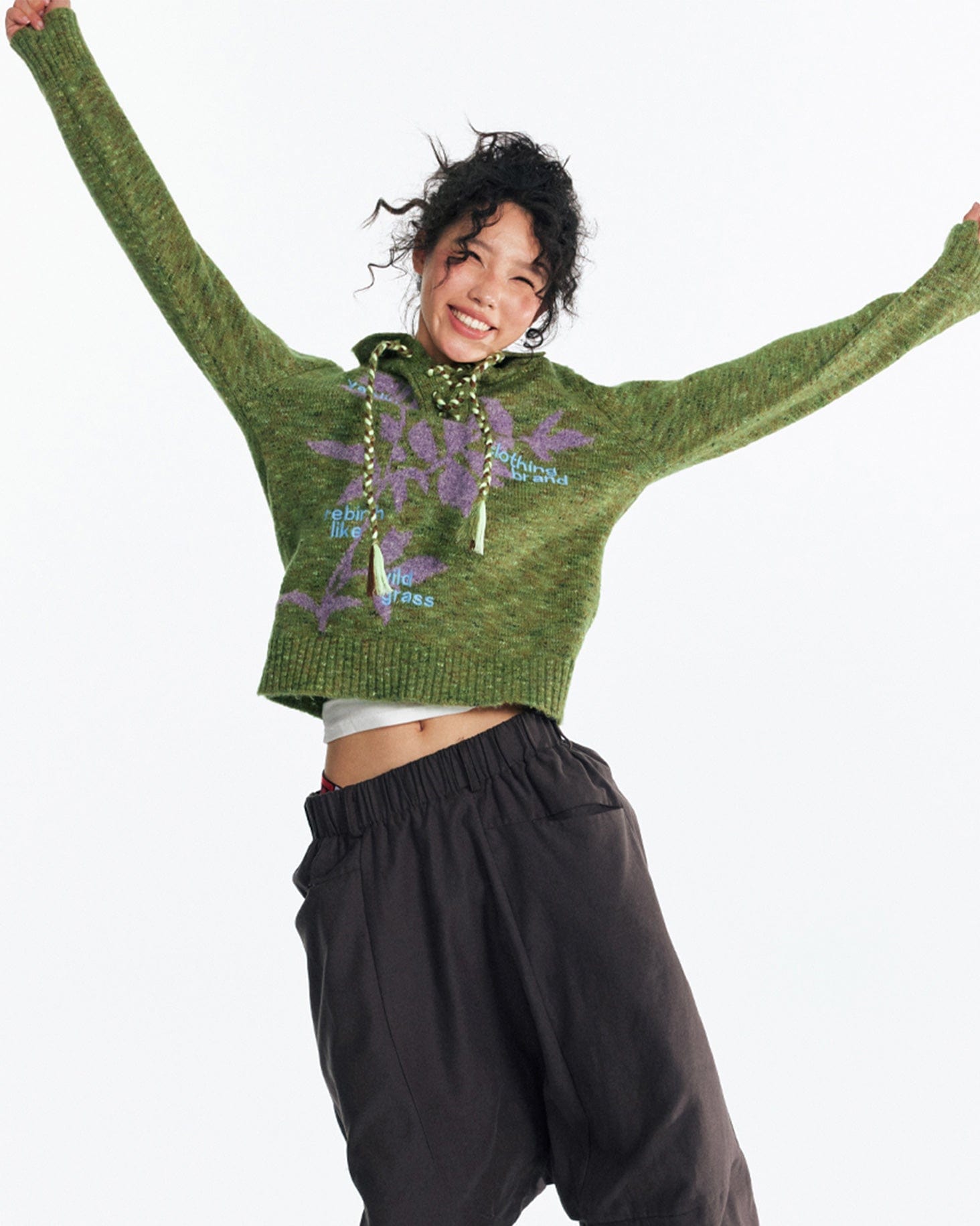 1997 POSTOFFICE Sesame Leaf Jacquard Lace-Up Sweater