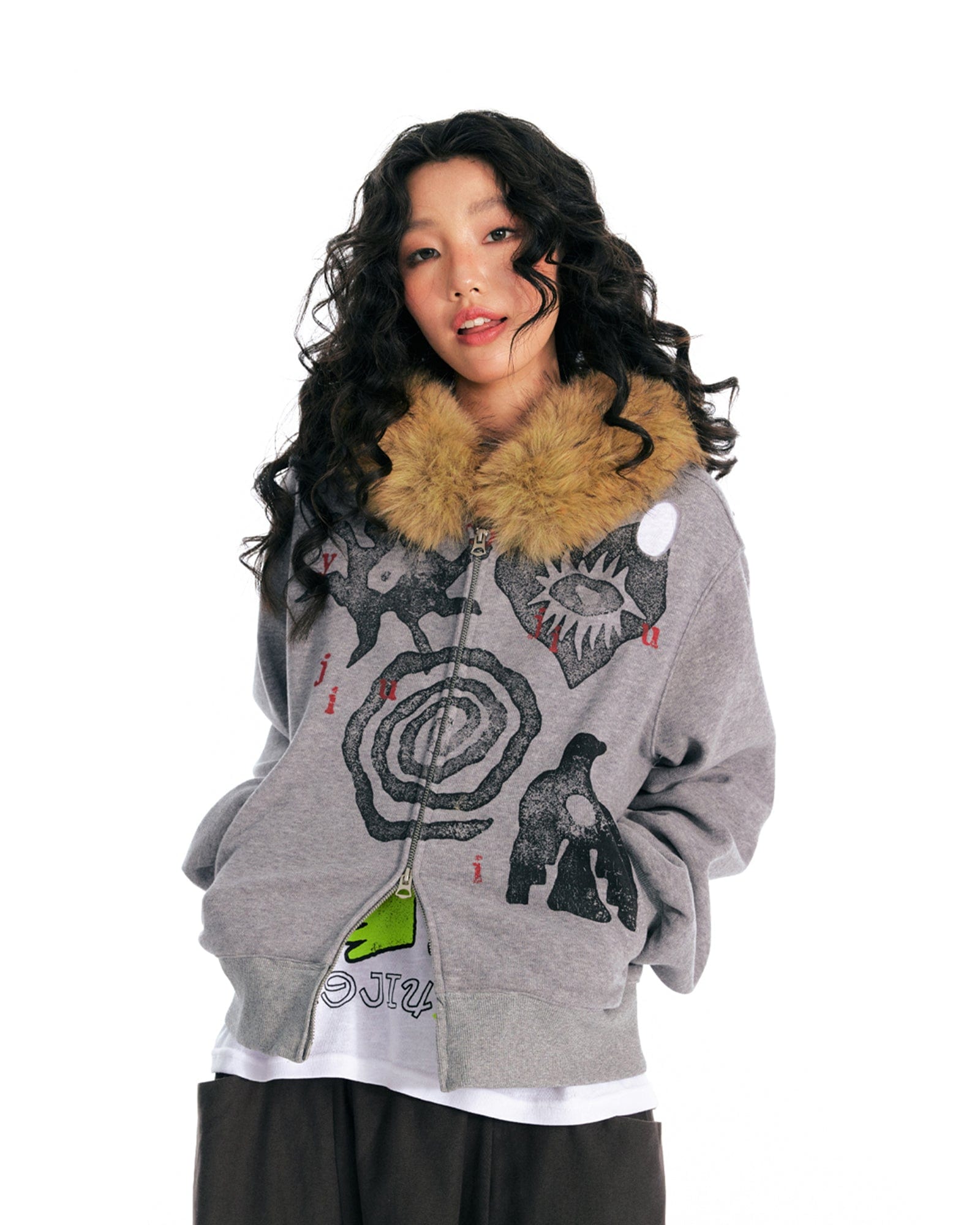 1997 POSTOFFICE Tribal Graphics Faux-Fur Collar Zip-Up Hoodie
