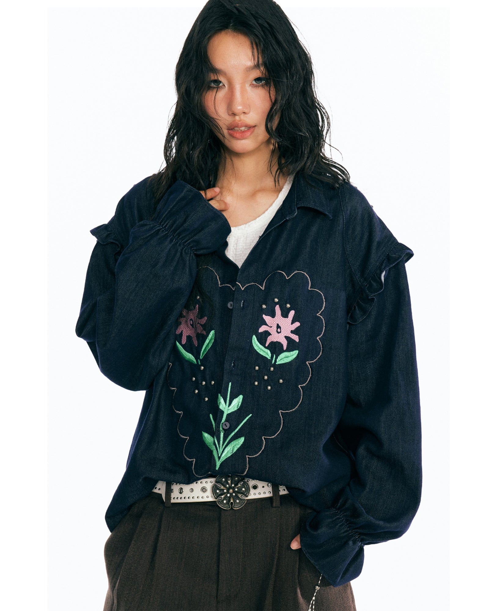 1997 POSTOFFICE Floral Patch Puff-Sleeve Denim Jacket