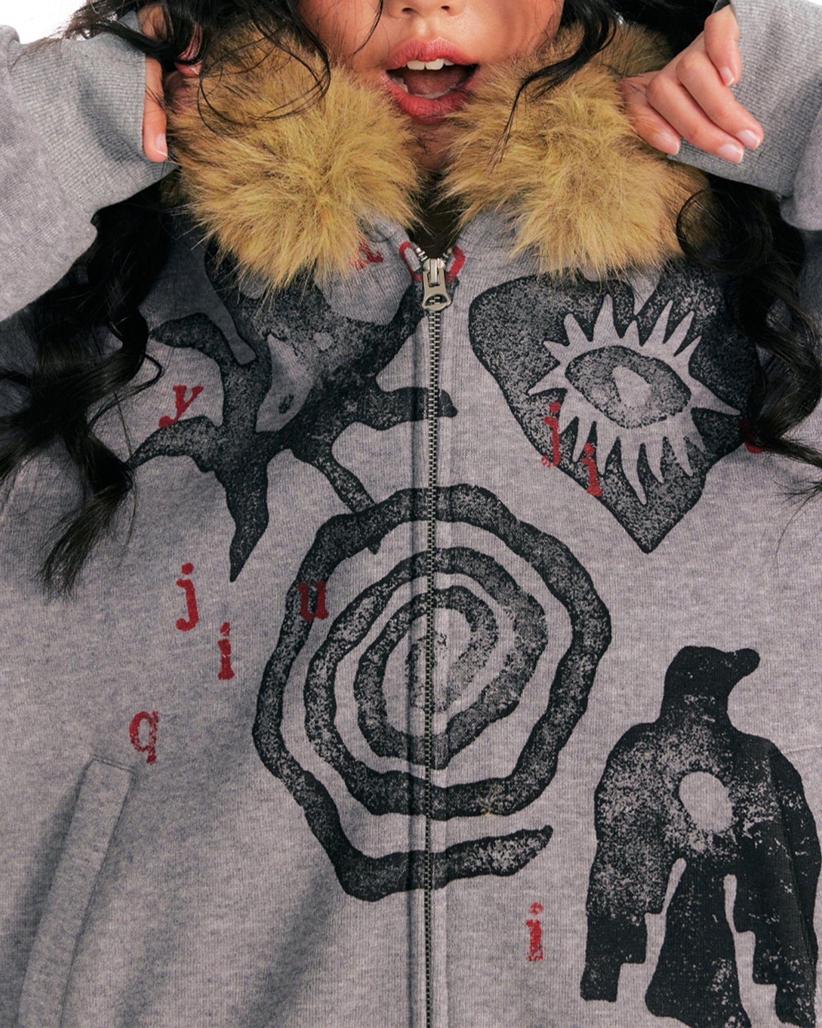 1997 POSTOFFICE Tribal Graphics Faux-Fur Collar Zip-Up Hoodie