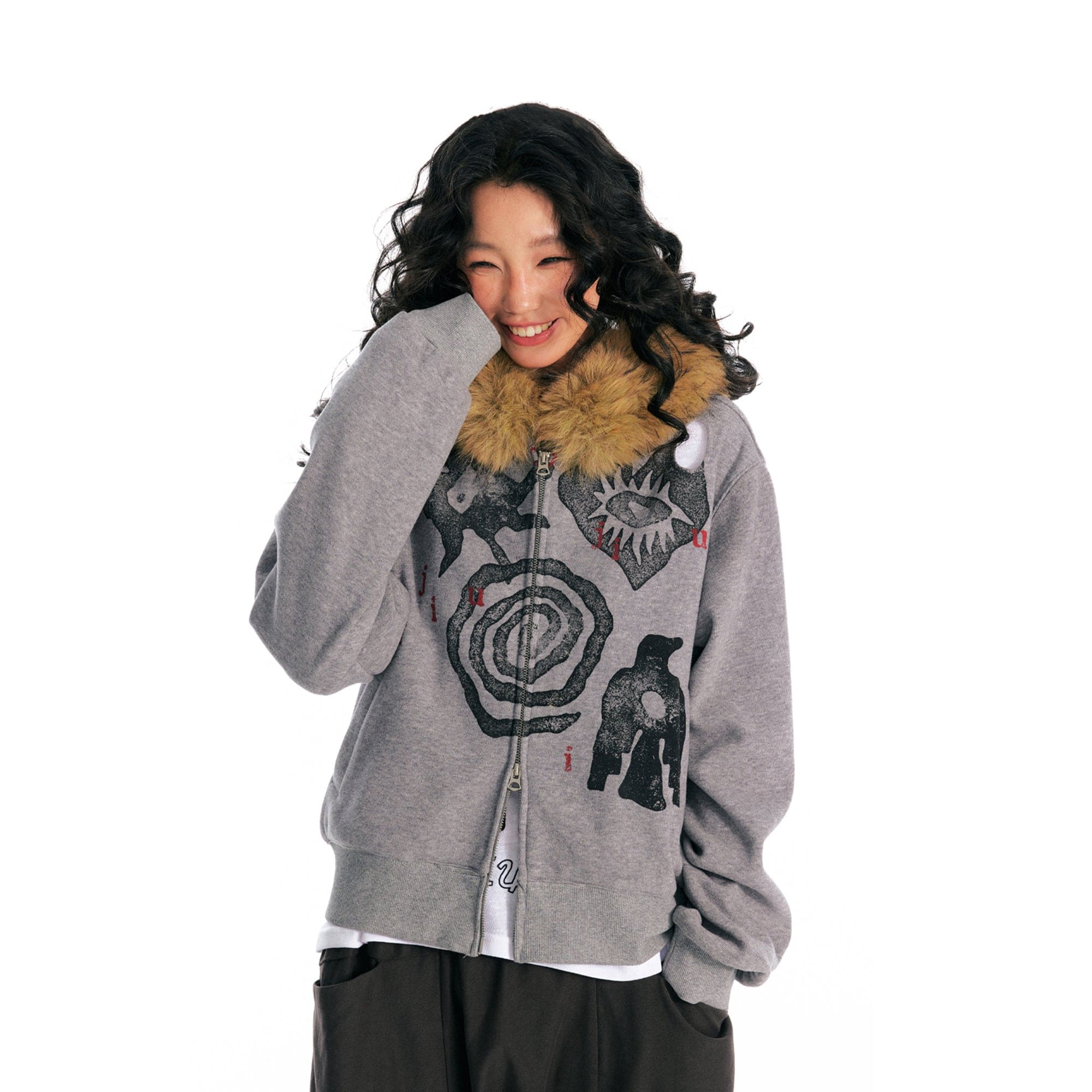 1997 POSTOFFICE Tribal Graphics Faux-Fur Collar Zip-Up Hoodie