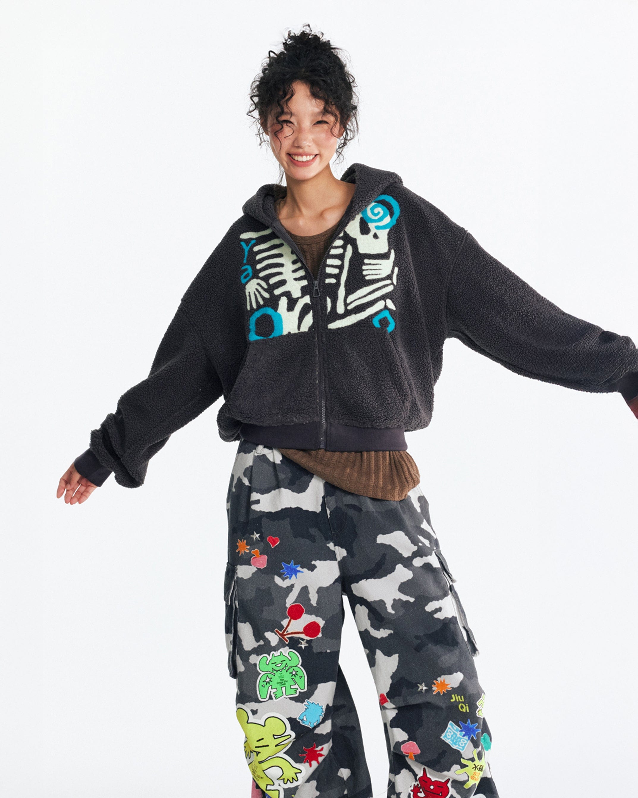 1997 POSTOFFICE Skeleton Graphic Zip-Up Fleece Hoodie