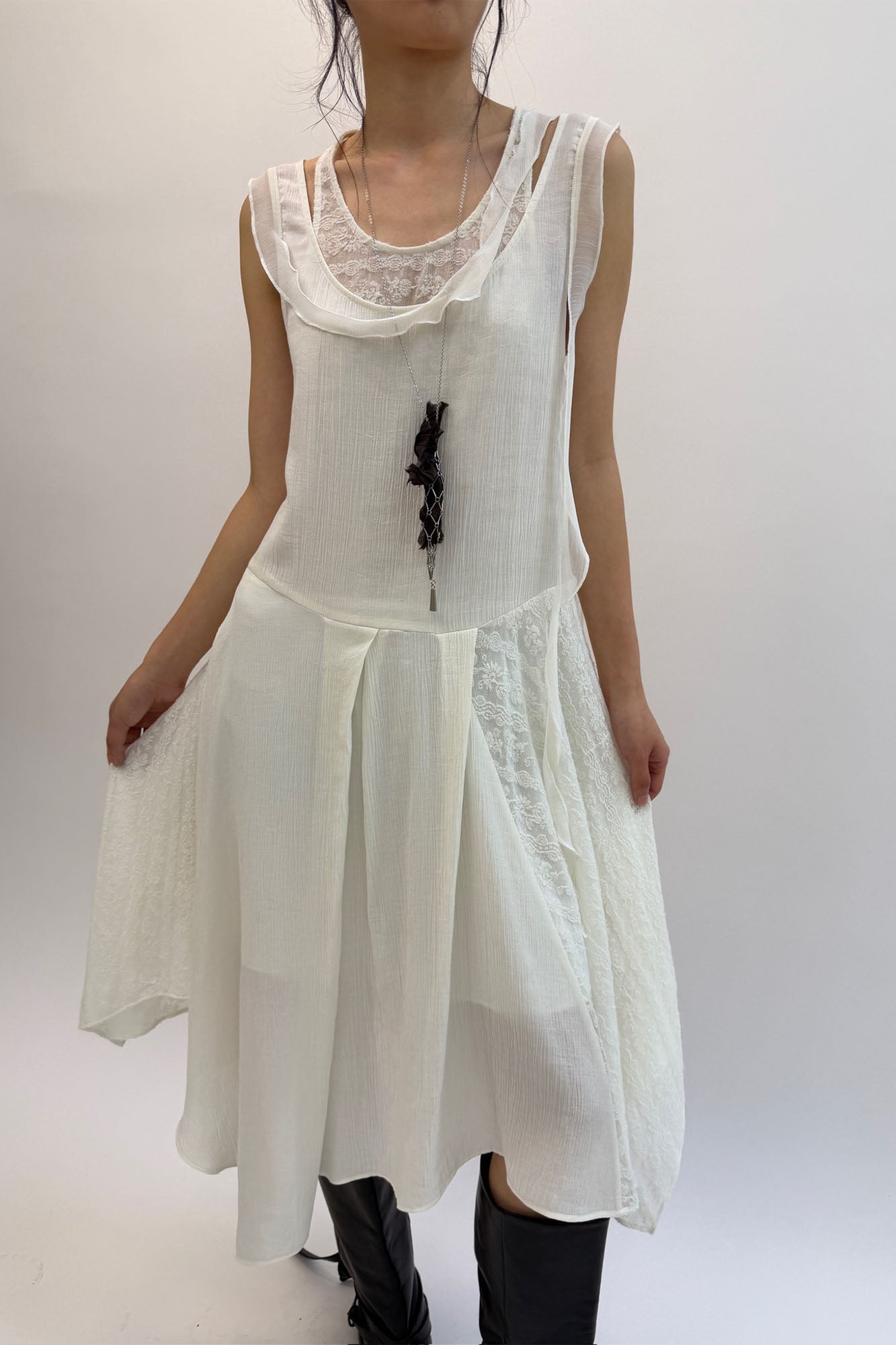 NEVERSEEZ Faux Layered Lace-Panel Wool-Blend Dress
