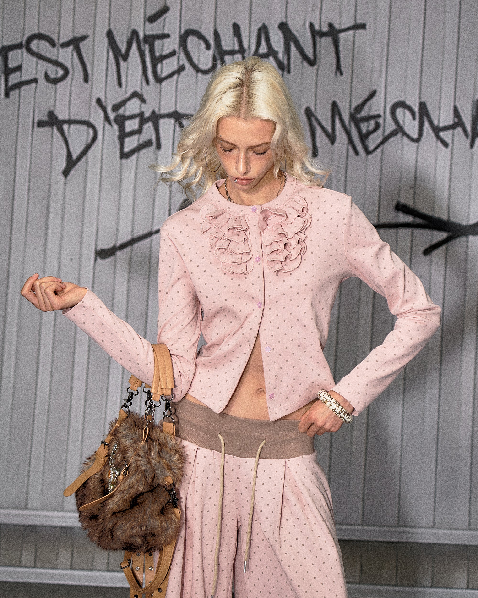 THE NEVERMORE Polka Dot Ruffled Button Top