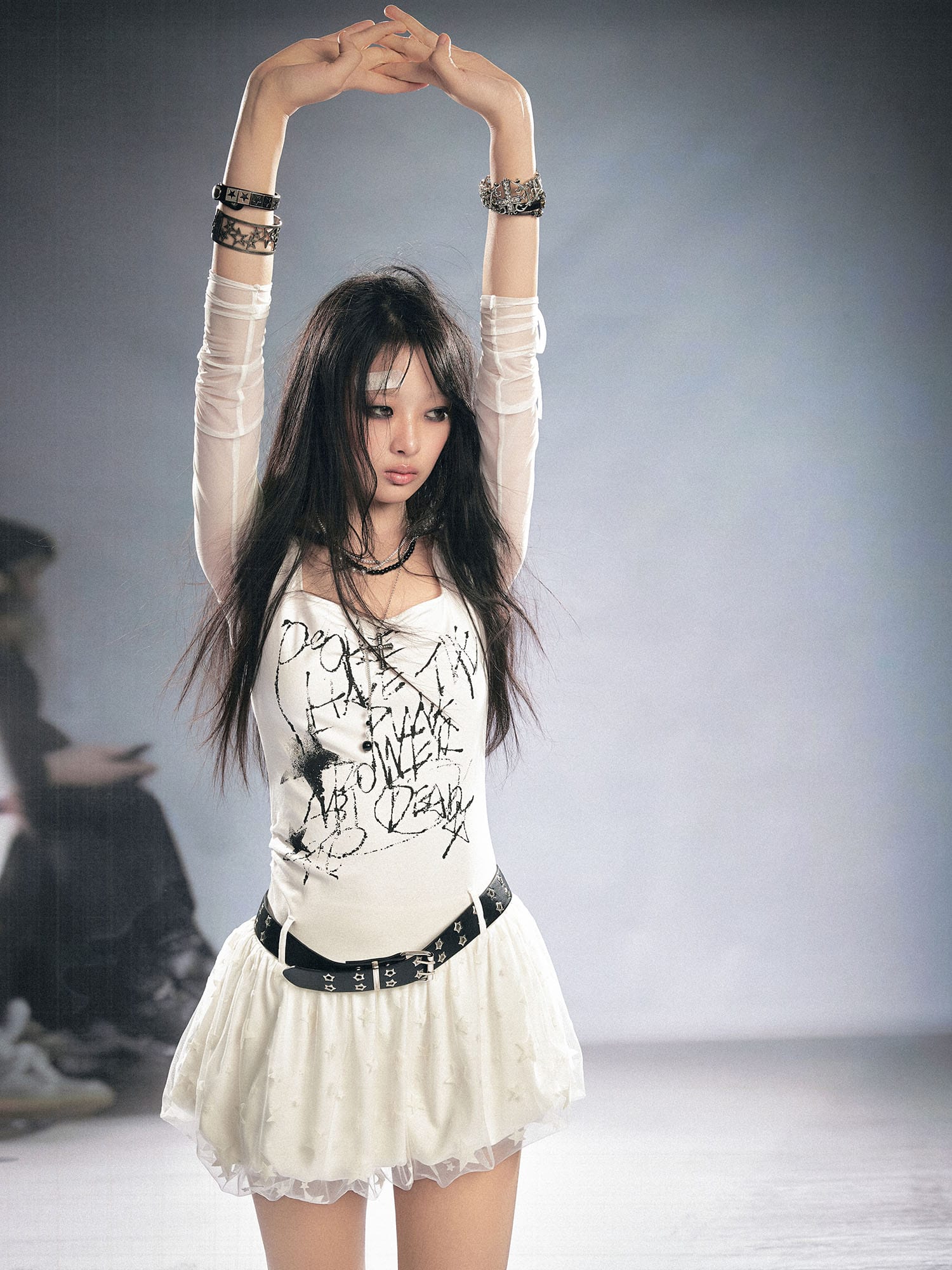 CESTNOUS Sheer-Sleeve Graffiti Mini Dress