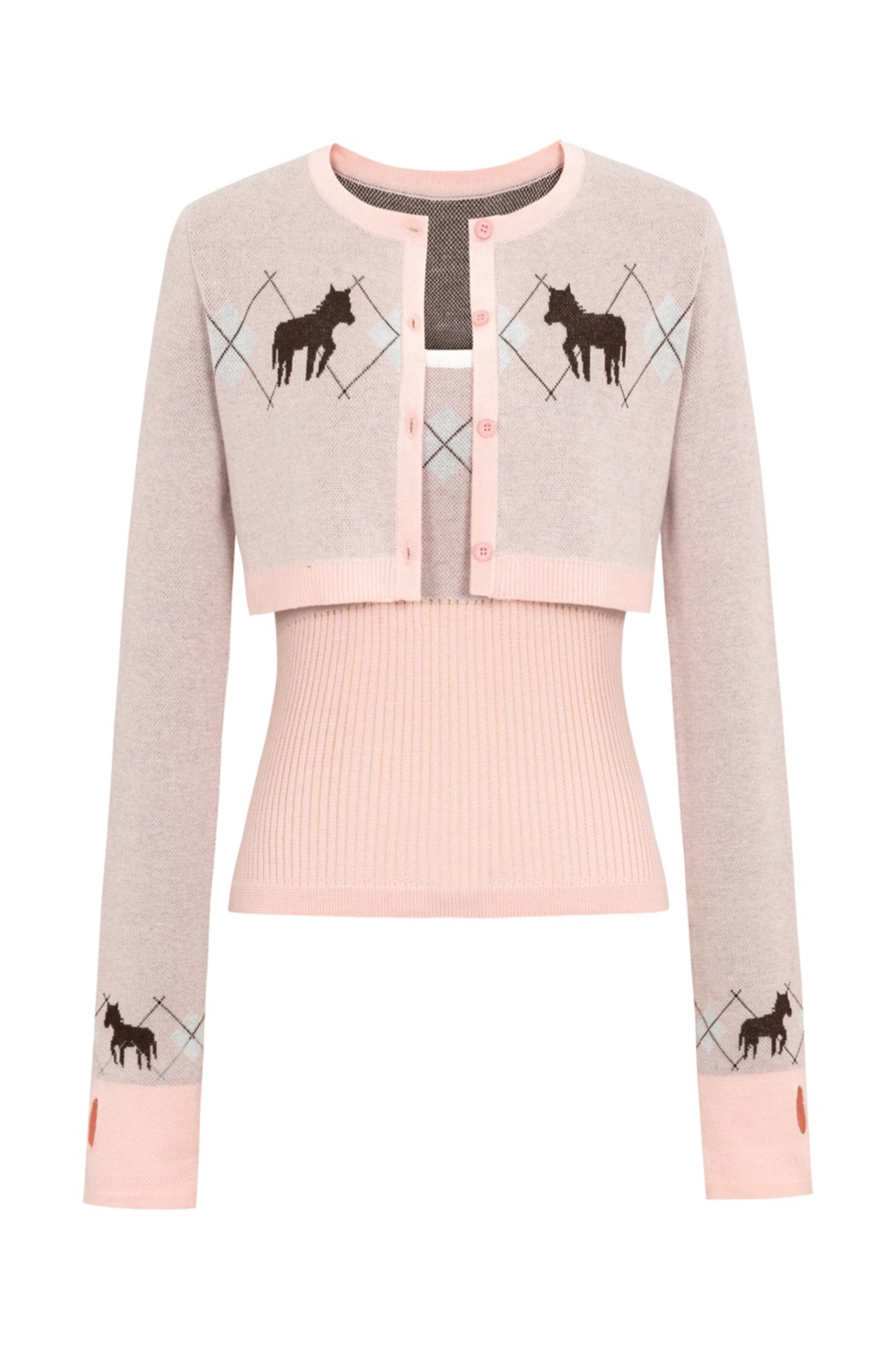 10AMSOTIIIIIIRED Argyle Horse Ribbed Twinset