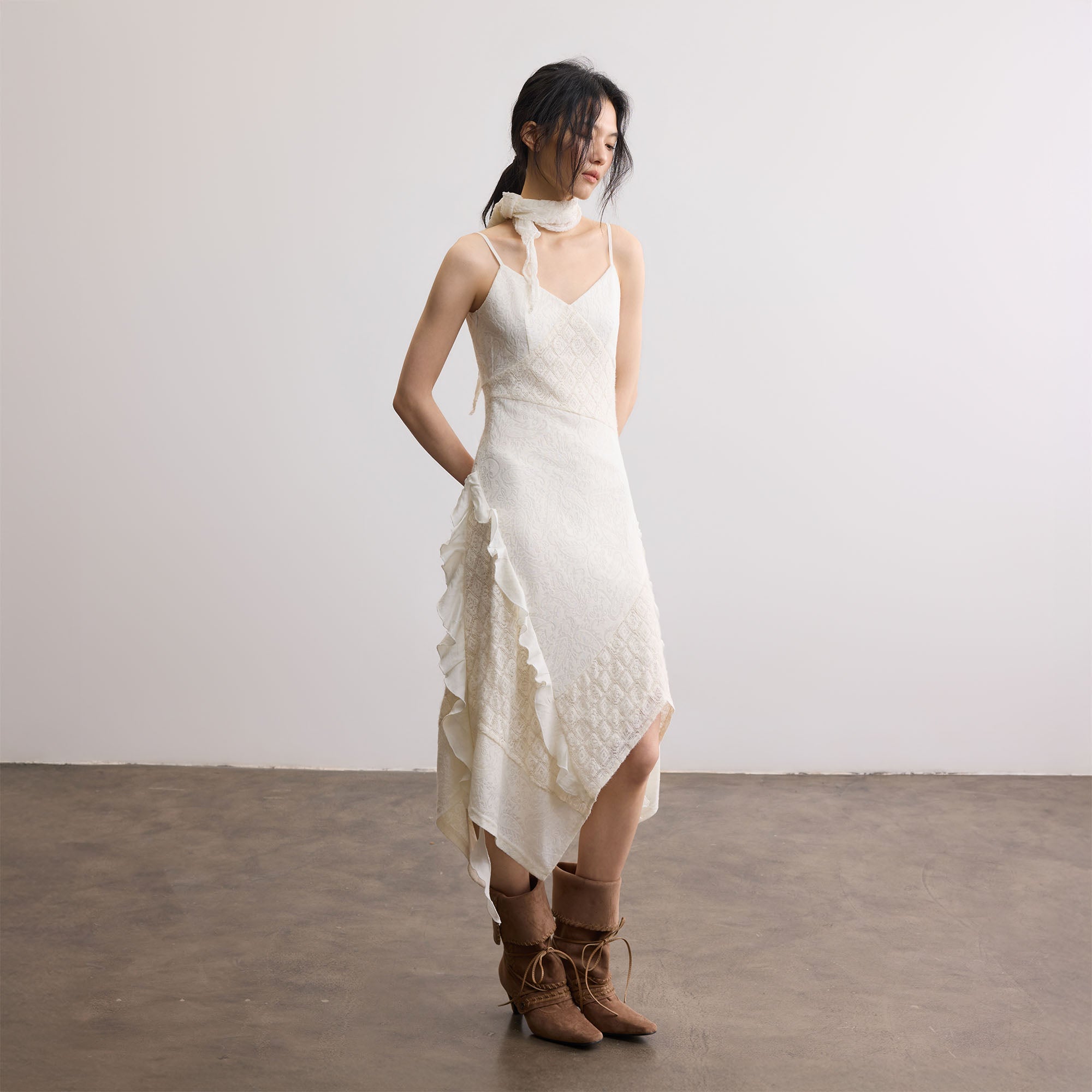 SAME FLOW Ruffle Asym Slip Lace-Panel Dress